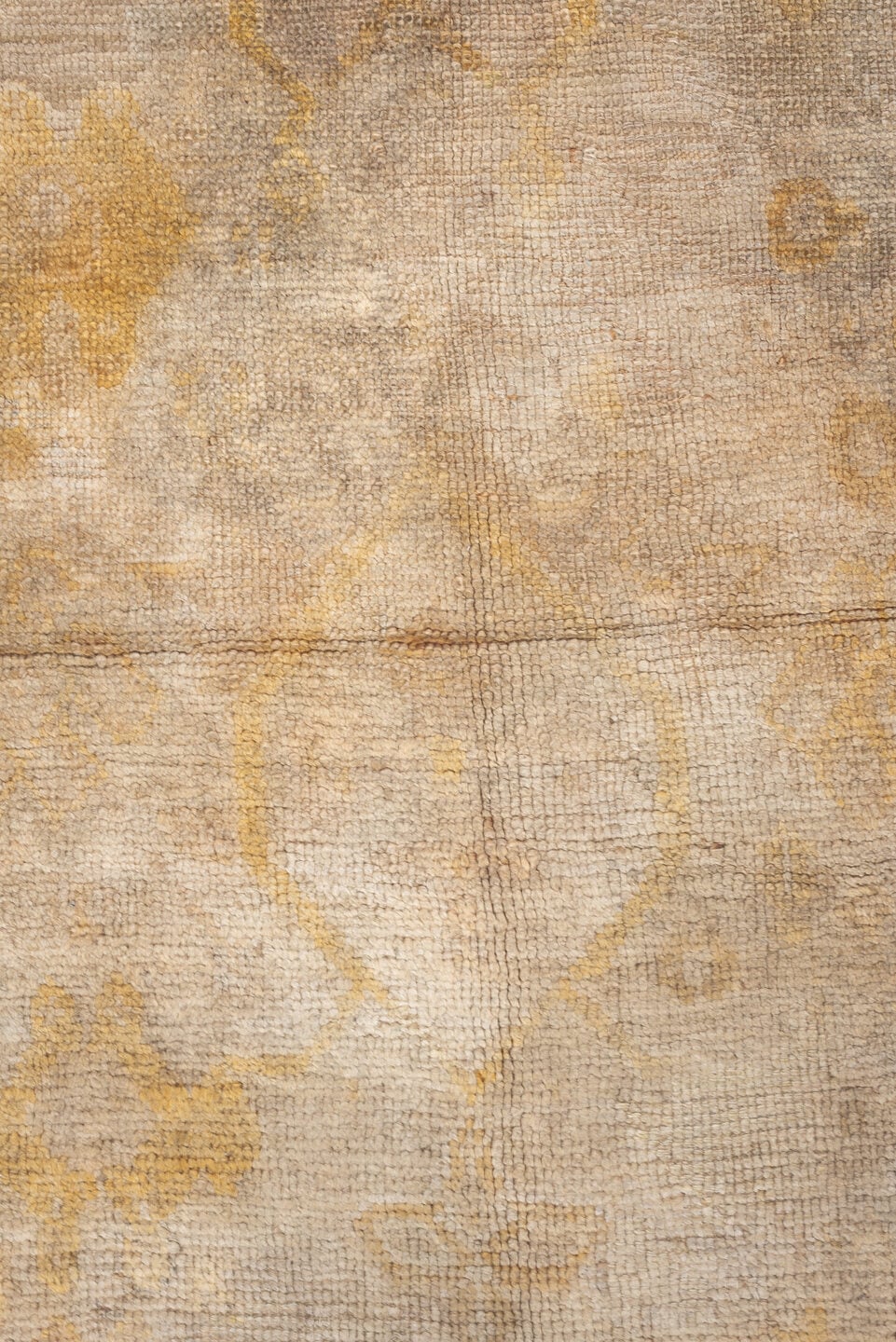 12' x 16' one-of-a-kind handmade antique Oushak oversize rug. Color palette: ivory, sand, gold, beige, taupe, pale sage