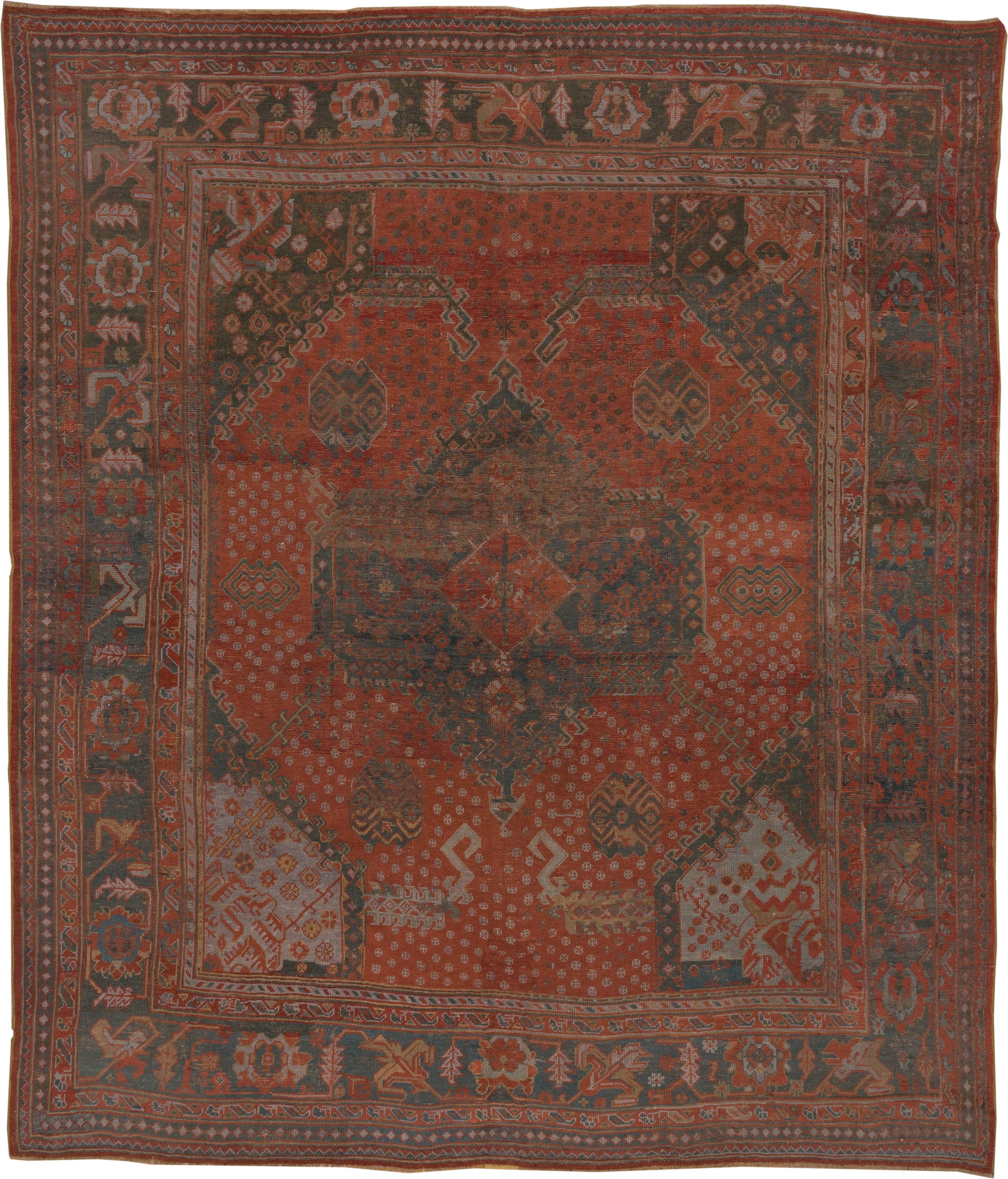 12' x 14' one-of-a-kind handmade antique Oushak oversize rug. Color palette: terra cotta, charcoal, rust, slate, ivory, rose