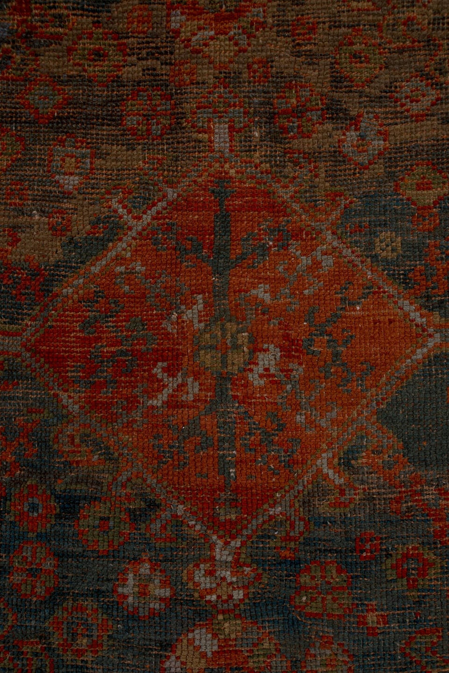 12' x 14' one-of-a-kind handmade antique Oushak oversize rug. Color palette: terra cotta, charcoal, rust, slate, ivory, rose