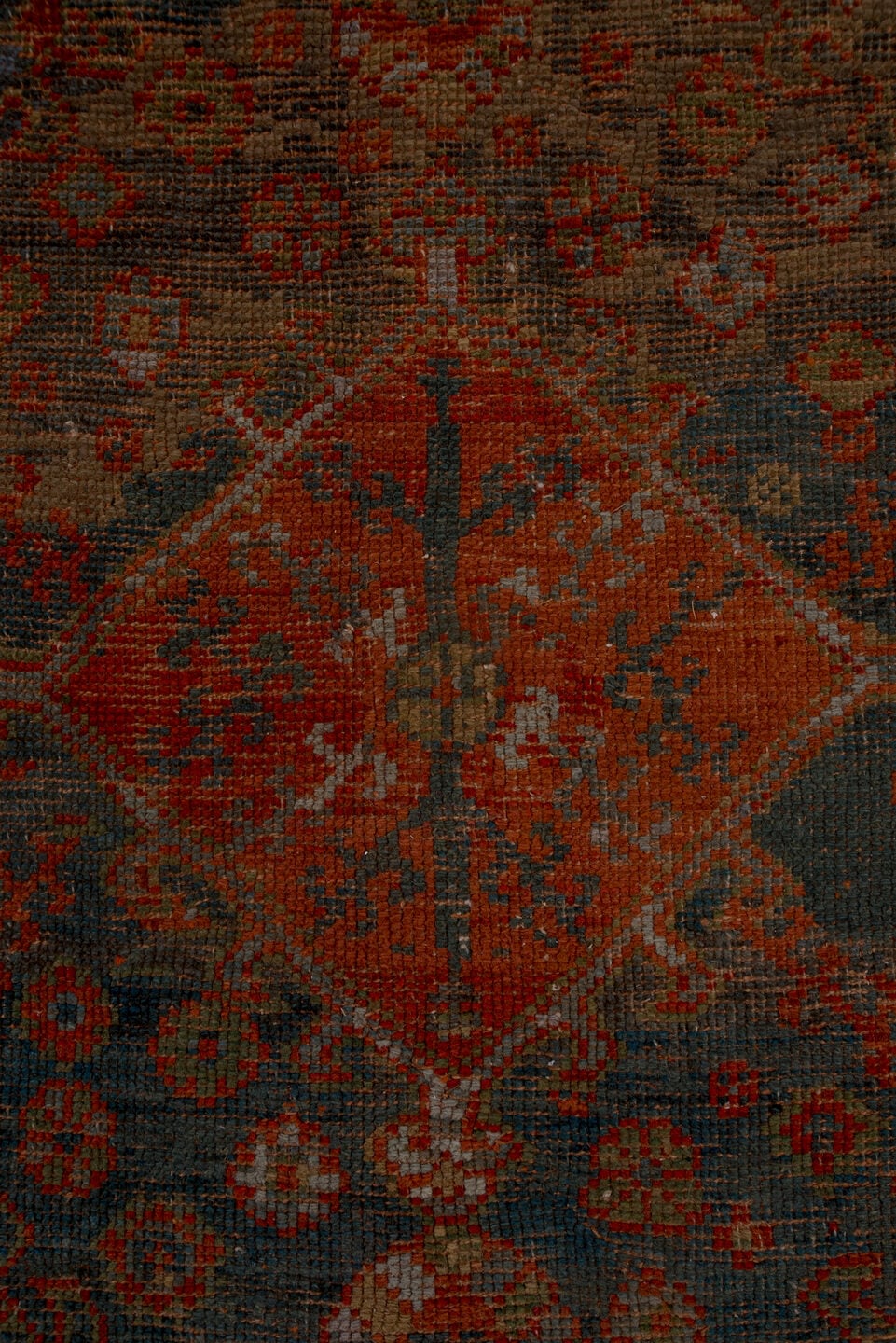 12' x 14' one-of-a-kind handmade antique Oushak oversize rug. Color palette: terra cotta, charcoal, rust, slate, ivory, rose