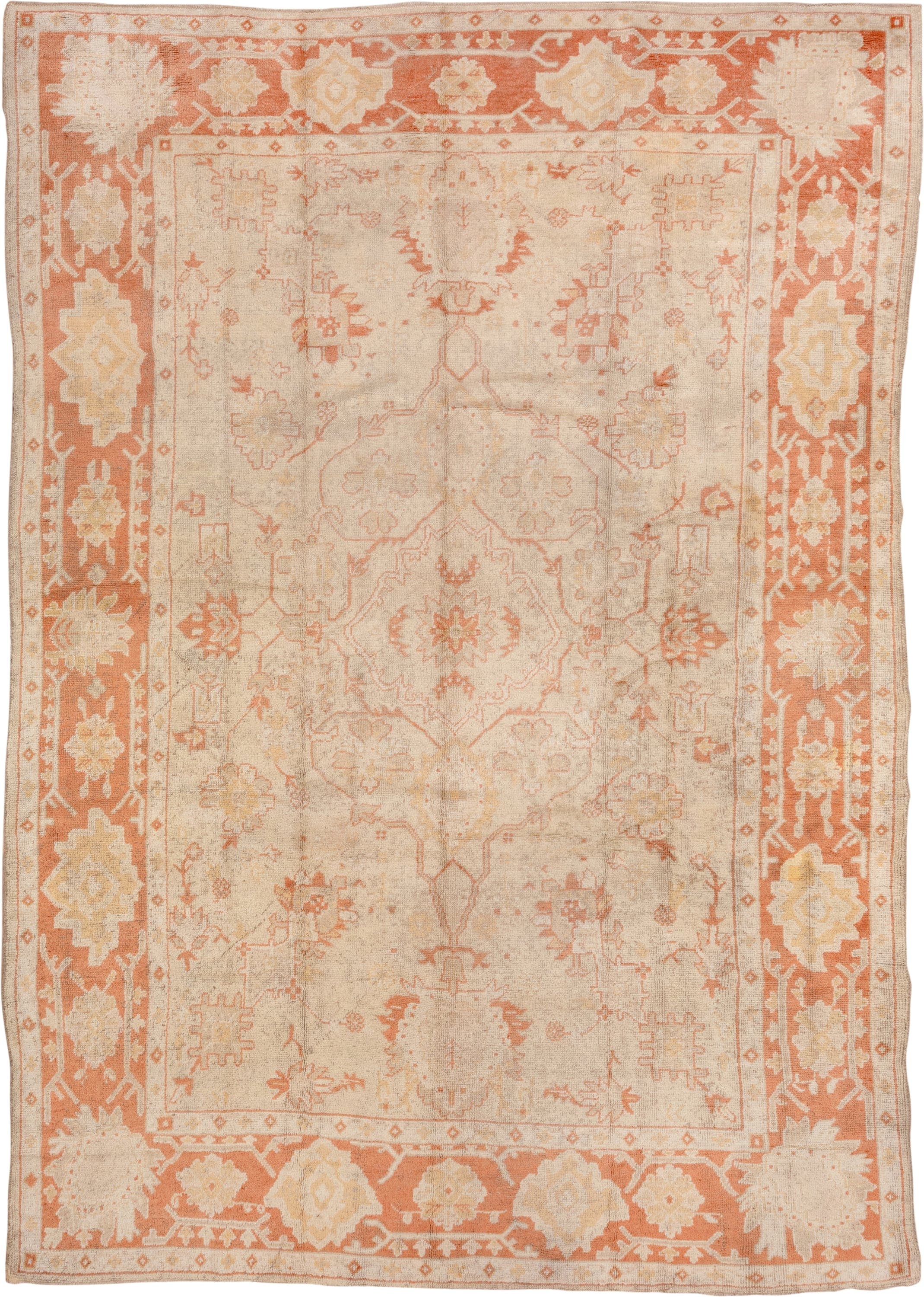 9' x 13' one-of-a-kind handmade antique Oushak large size rug. Color palette: ivory, terra cotta, cream, peach, beige