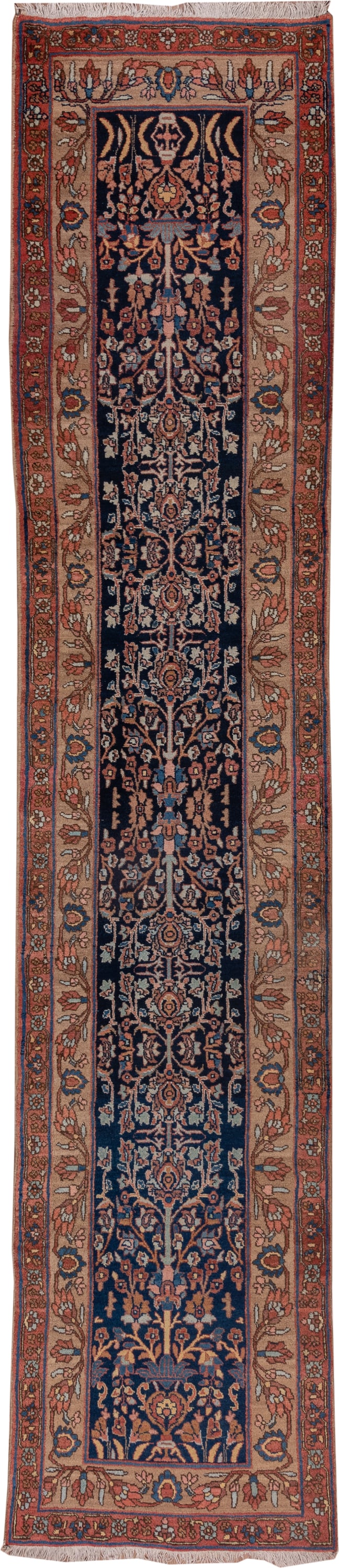 3' x 14' one-of-a-kind handmade antique Bidjar runner rug. Color palette: navy, rust, ivory, camel, slate, rose, blue