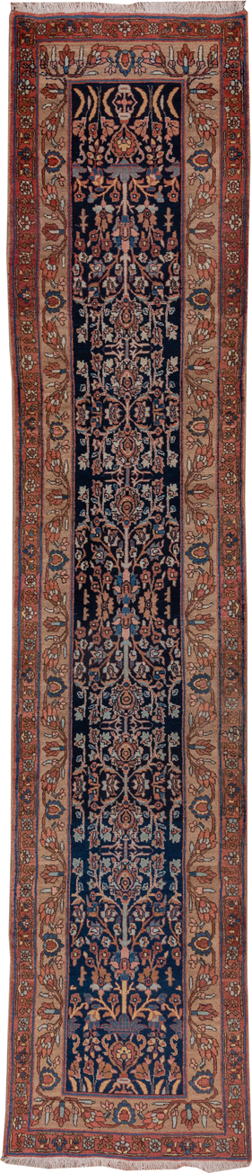 3' x 14' one-of-a-kind handmade antique Bidjar runner rug. Color palette: navy, rust, ivory, camel, slate, rose, blue