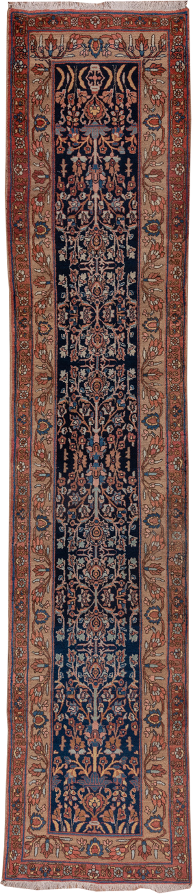 3' x 14' one-of-a-kind handmade antique Bidjar runner rug. Color palette: navy, rust, ivory, camel, slate, rose, blue
