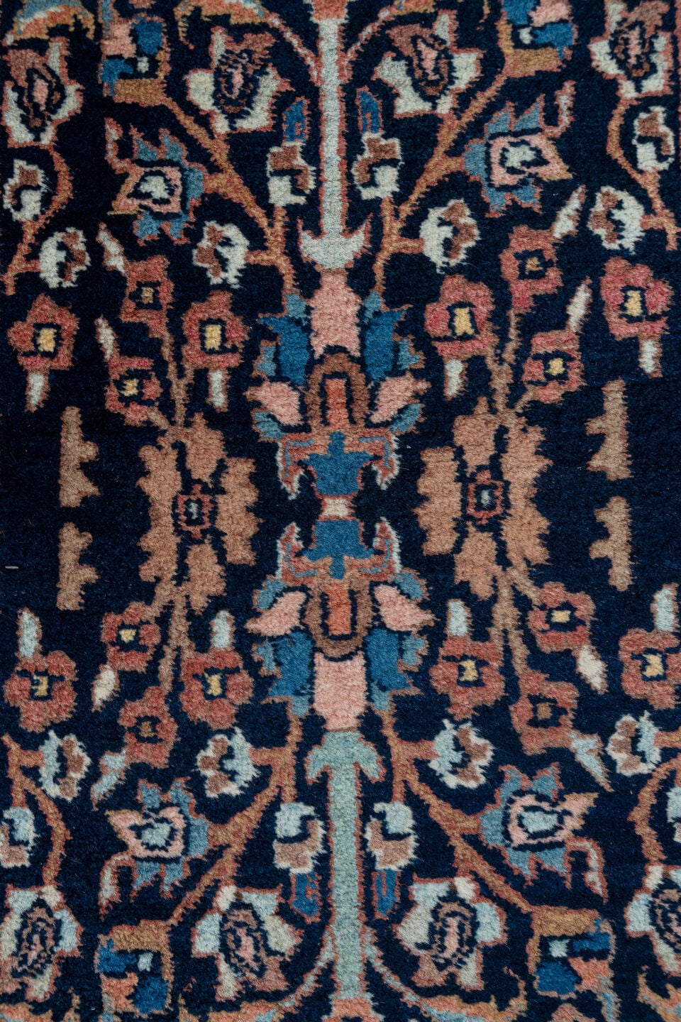 3' x 14' one-of-a-kind handmade antique Bidjar runner rug. Color palette: navy, rust, ivory, camel, slate, rose, blue
