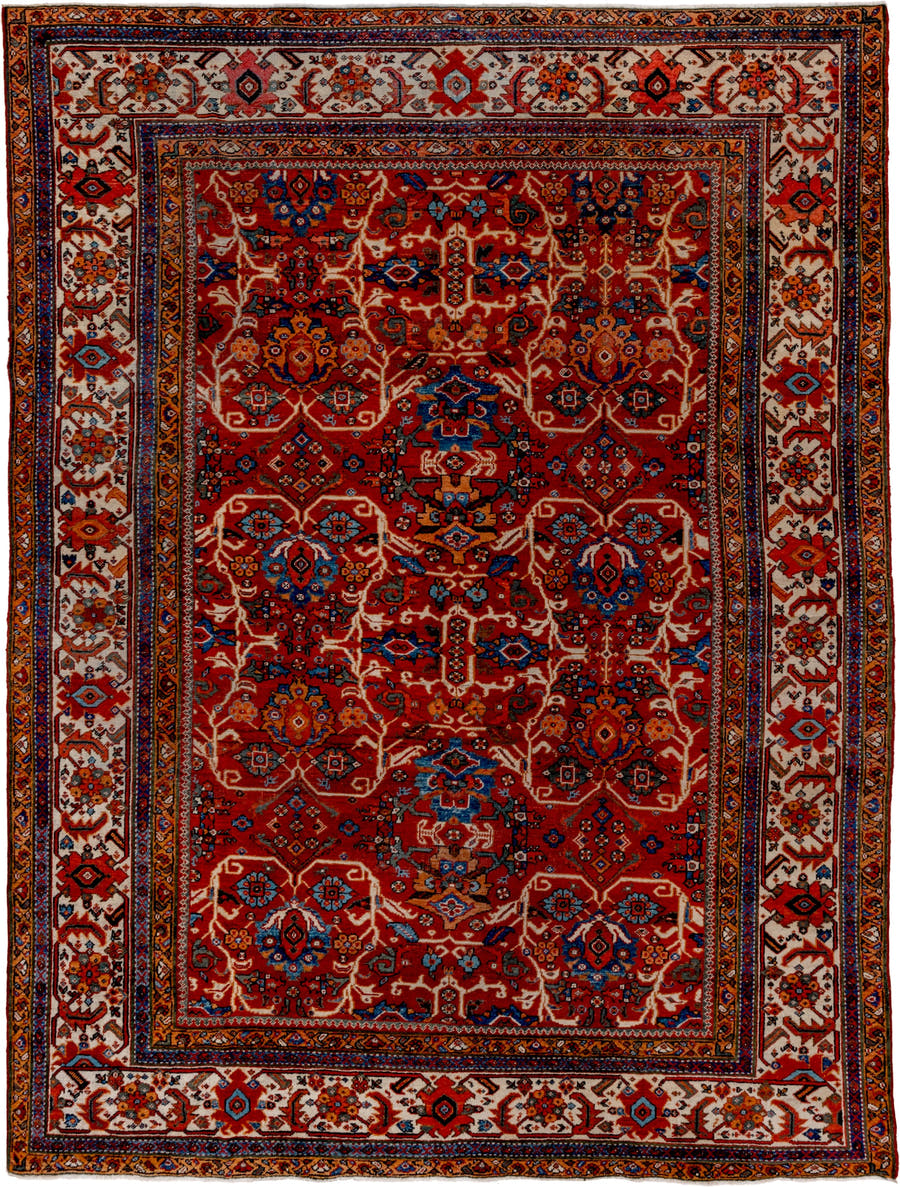8' x 12' one-of-a-kind handmade vintage Mahal large size rug. Color palette: rust, ivory, navy, sky blue, terra cotta, camel