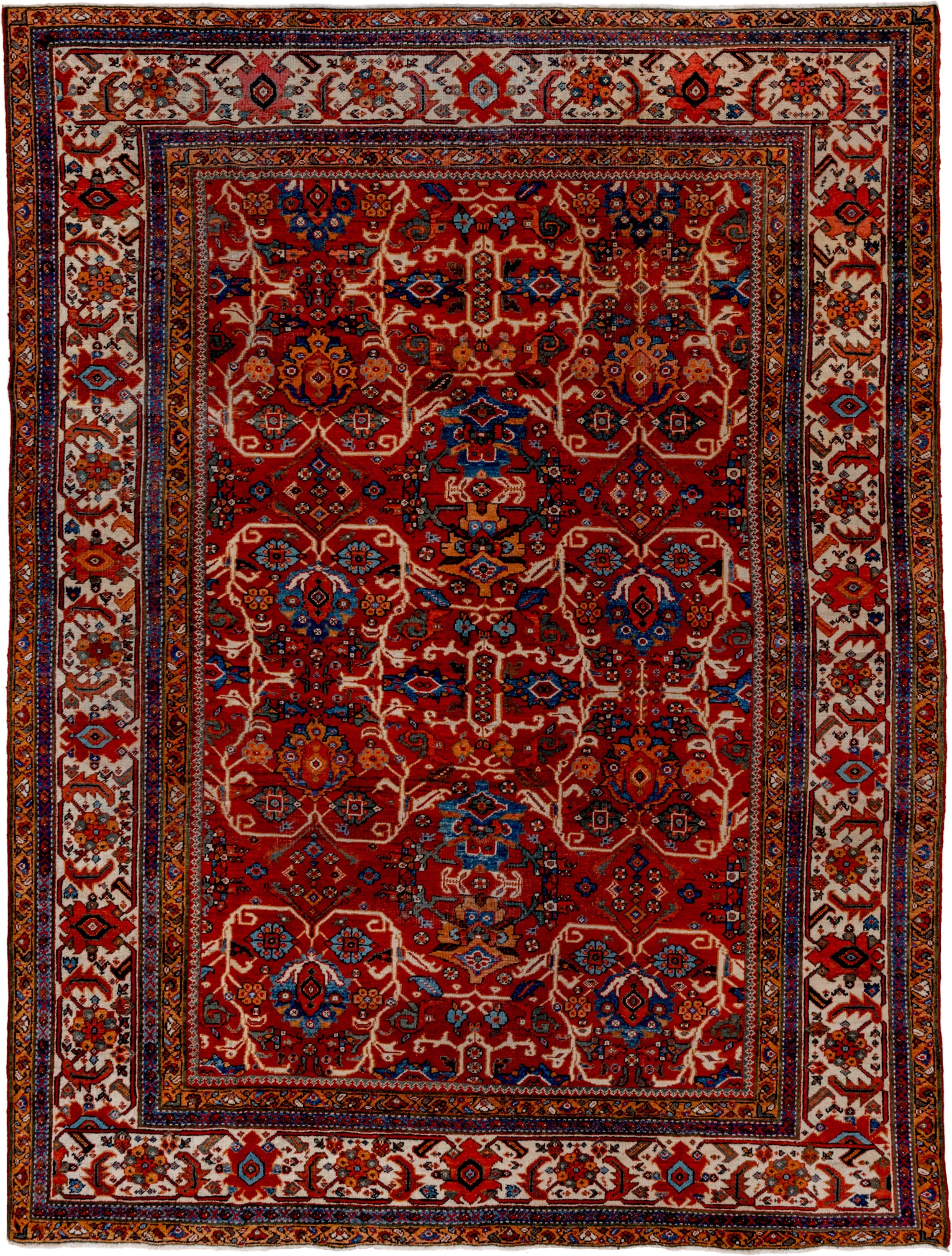 8' x 12' one-of-a-kind handmade vintage Mahal large size rug. Color palette: rust, ivory, navy, sky blue, terra cotta, camel