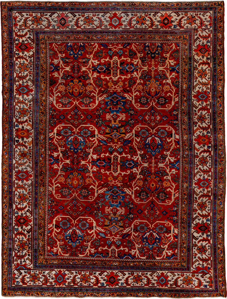 8' x 12' one-of-a-kind handmade vintage Mahal large size rug. Color palette: rust, ivory, navy, sky blue, terra cotta, camel