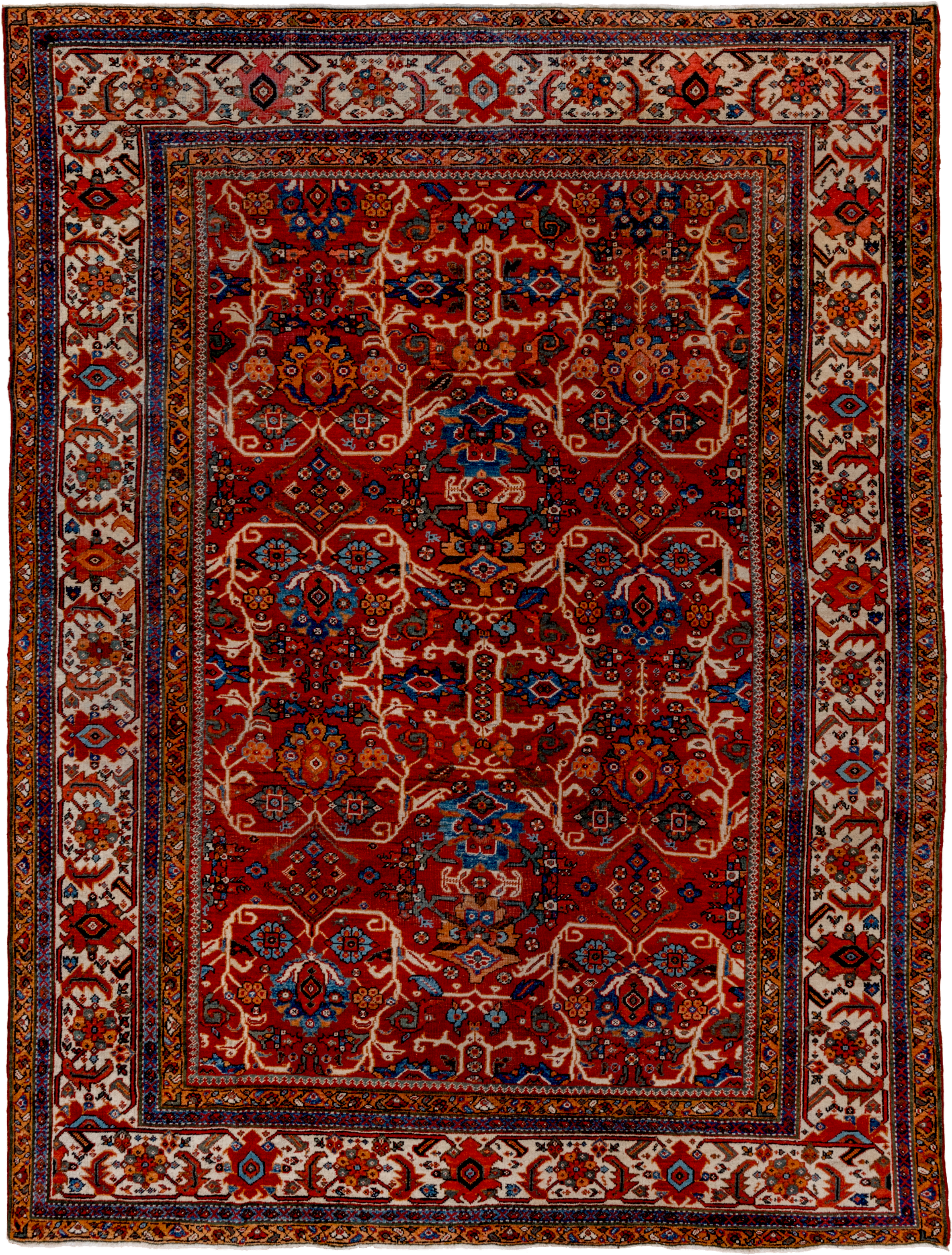 8' x 12' one-of-a-kind handmade vintage Mahal large size rug. Color palette: rust, ivory, navy, sky blue, terra cotta, camel
