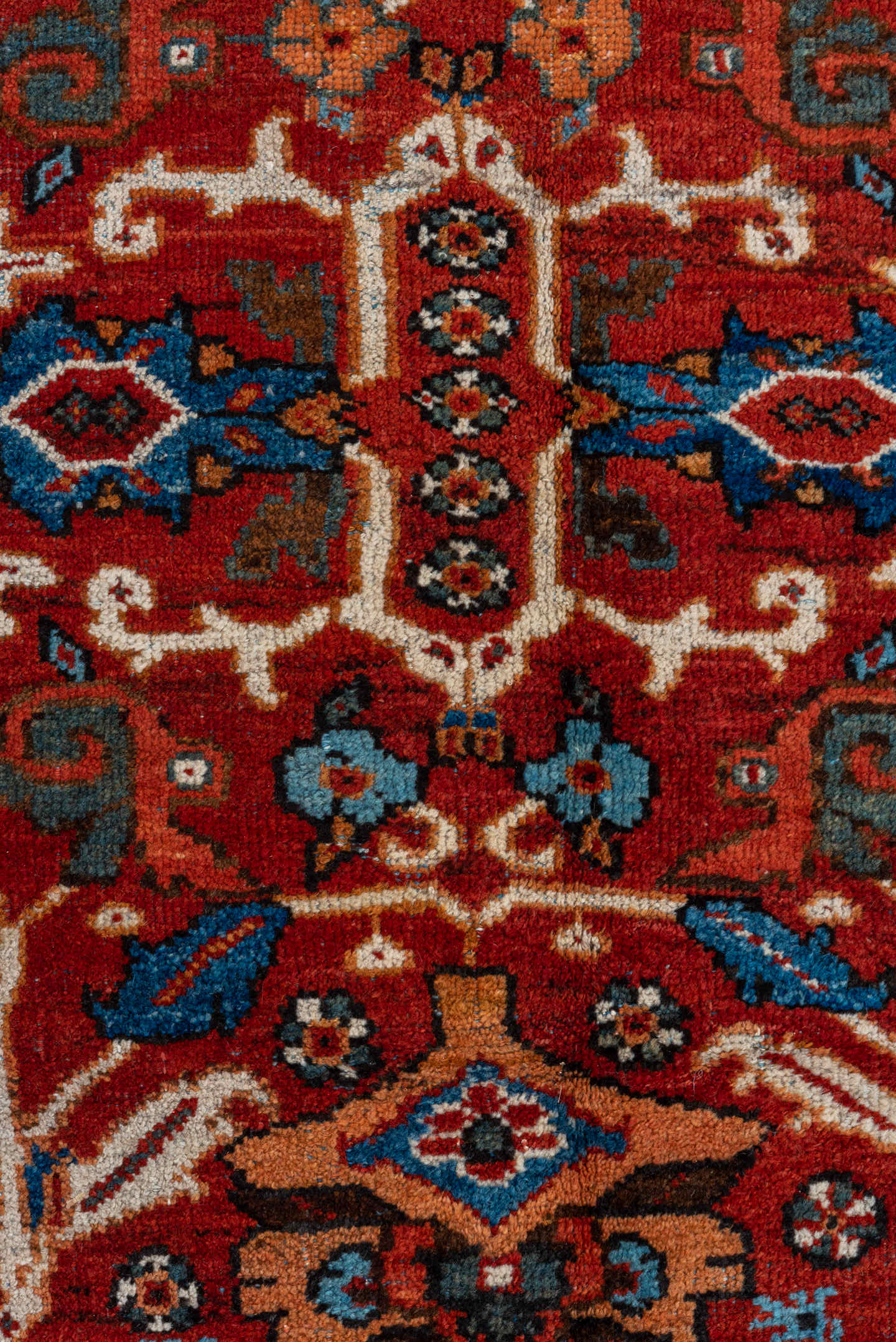 8' x 12' one-of-a-kind handmade vintage Mahal large size rug. Color palette: rust, ivory, navy, sky blue, terra cotta, camel