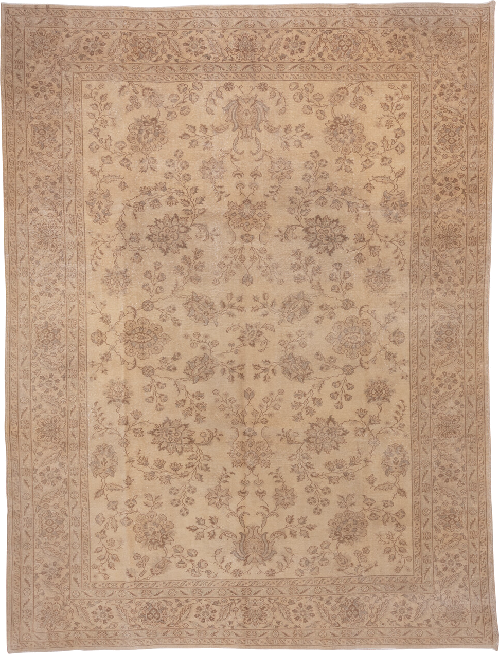 8' x 11' one-of-a-kind handmade vintage Sivas large size rug. Color palette: brown, off-white, orange, pink, tan