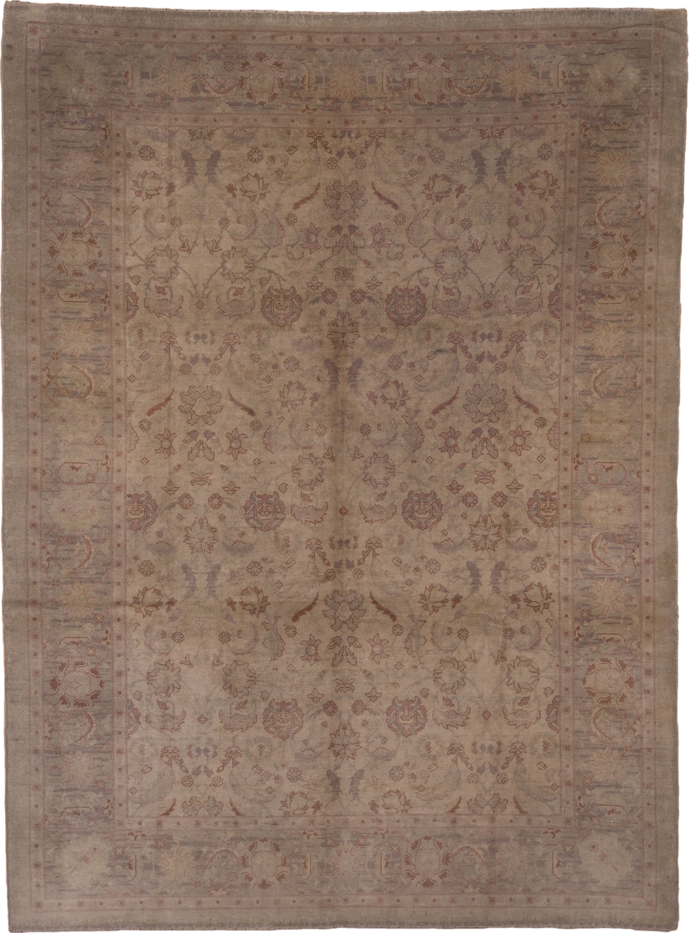 10' x 14' one-of-a-kind handmade antique Oushak large size rug. Color palette: taupe, ivory, dusty rose, pale blue, beige