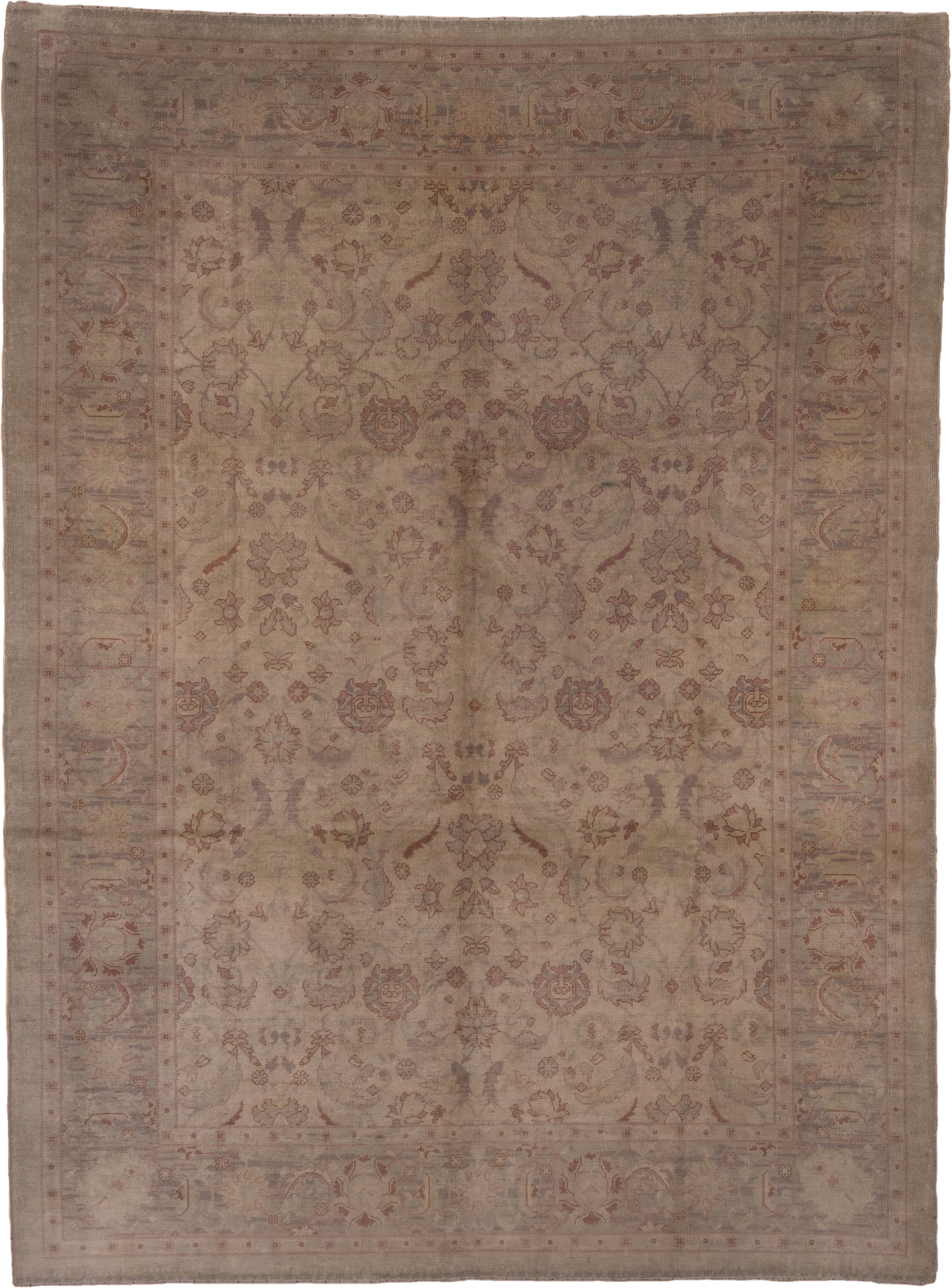 10' x 14' one-of-a-kind handmade antique Oushak large size rug. Color palette: taupe, ivory, dusty rose, pale blue, beige