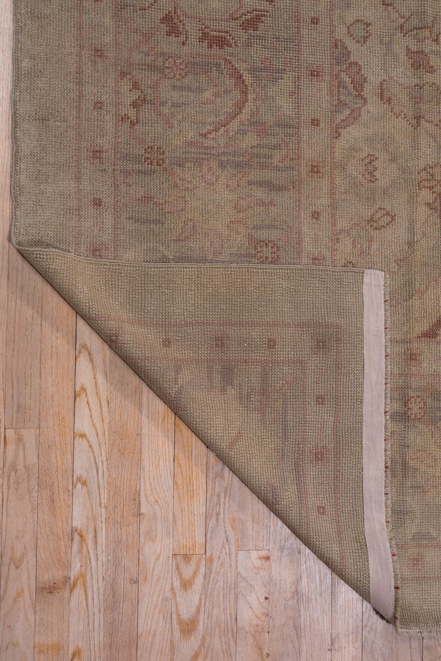 10' x 14' one-of-a-kind handmade antique Oushak large size rug. Color palette: taupe, ivory, dusty rose, pale blue, beige