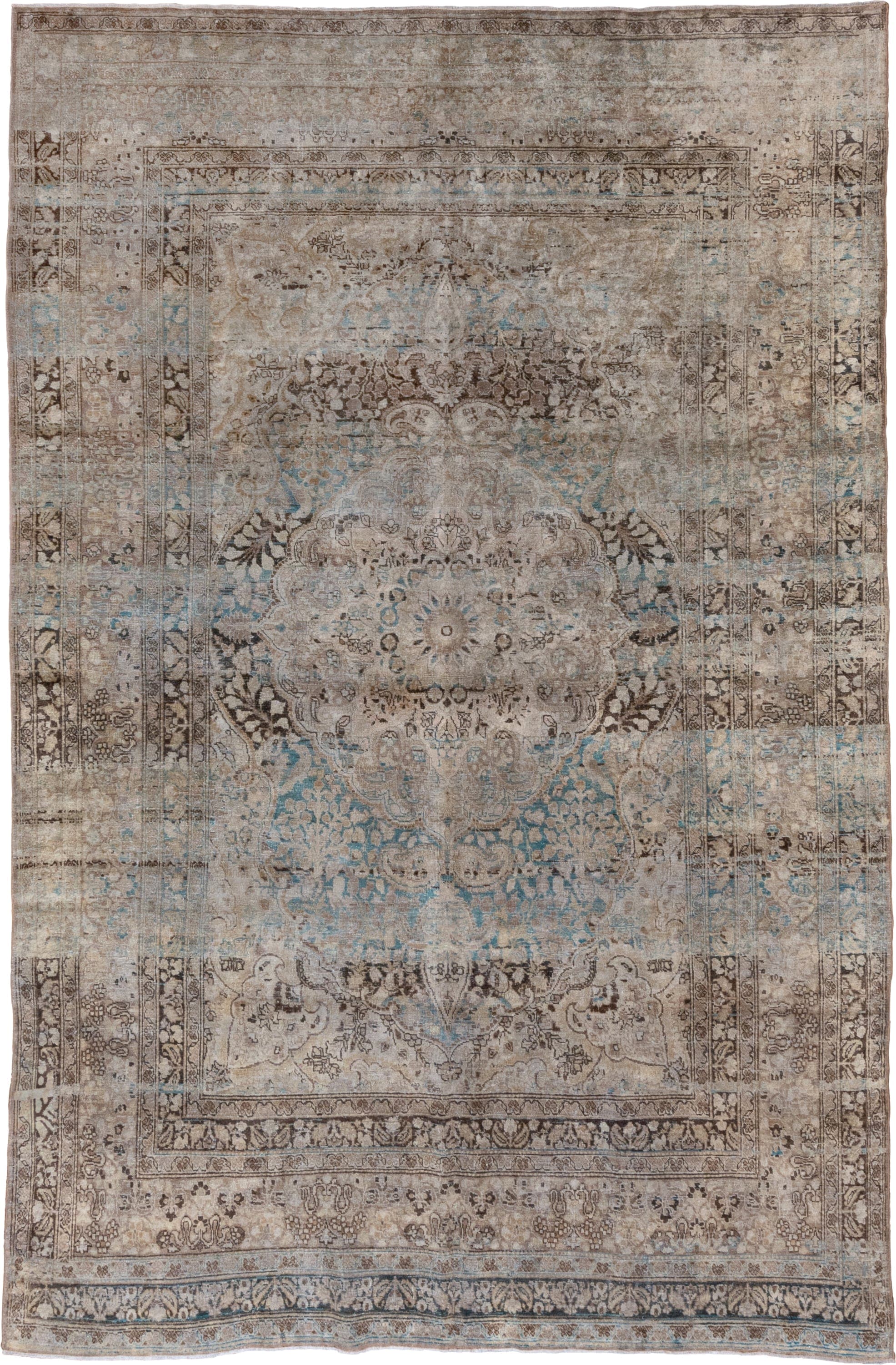6' x 10' one-of-a-kind handmade antique Meshed large size rug. Color palette: taupe, ivory, brown, pale blue, beige