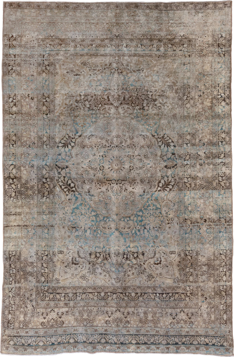 6' x 10' one-of-a-kind handmade antique Meshed large size rug. Color palette: taupe, ivory, brown, pale blue, beige