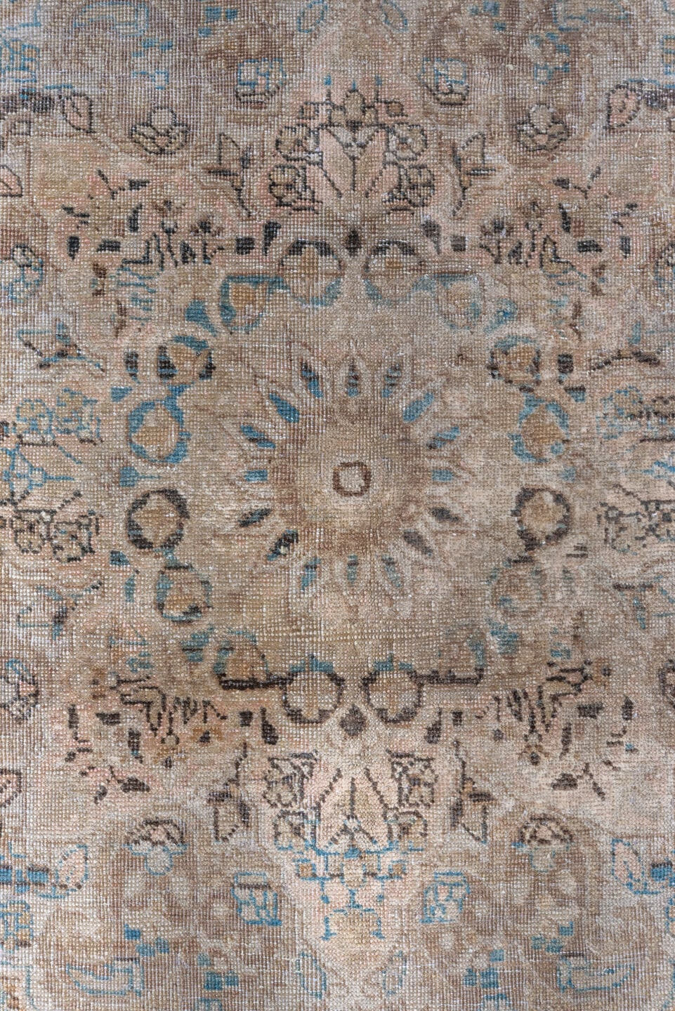 6' x 10' one-of-a-kind handmade antique Meshed large size rug. Color palette: taupe, ivory, brown, pale blue, beige