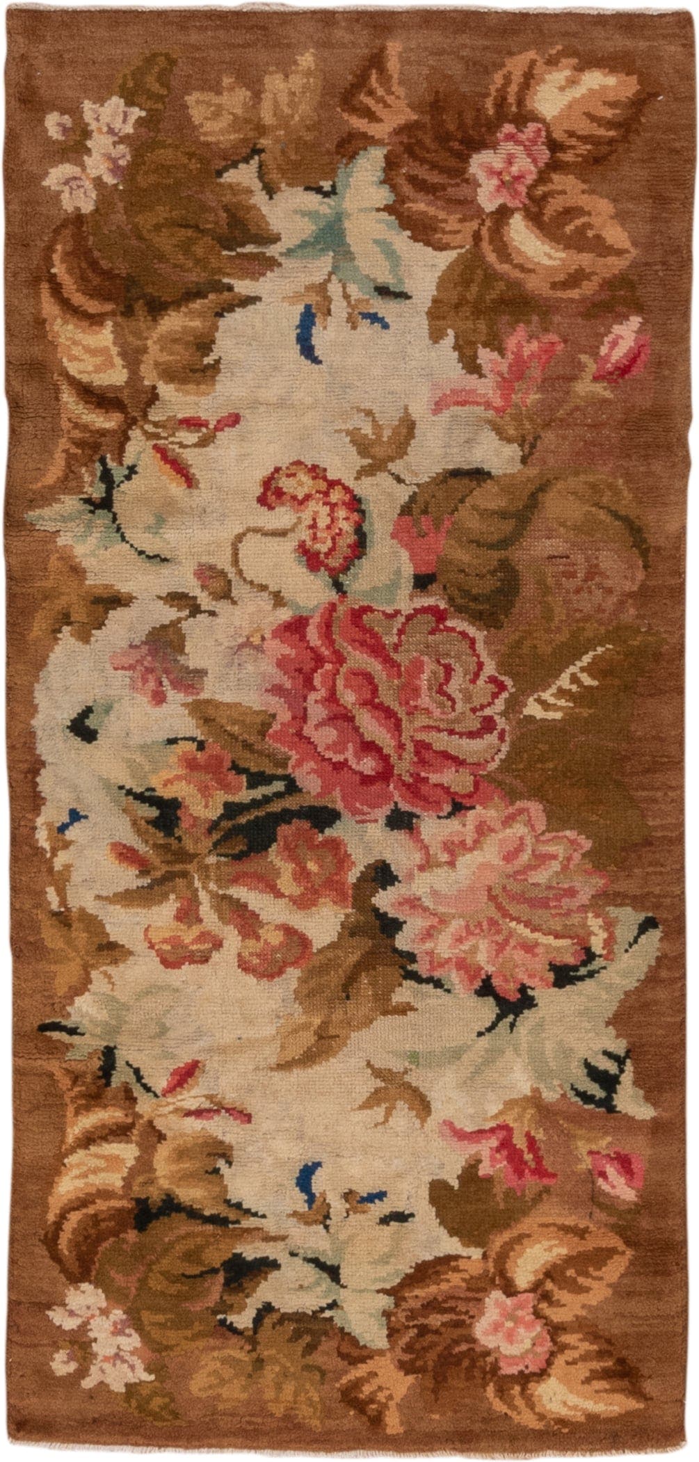 3' x 6' one-of-a-kind handmade antique Axminister runner rug. Color palette: brown, ivory, camel, rose, taupe, olive