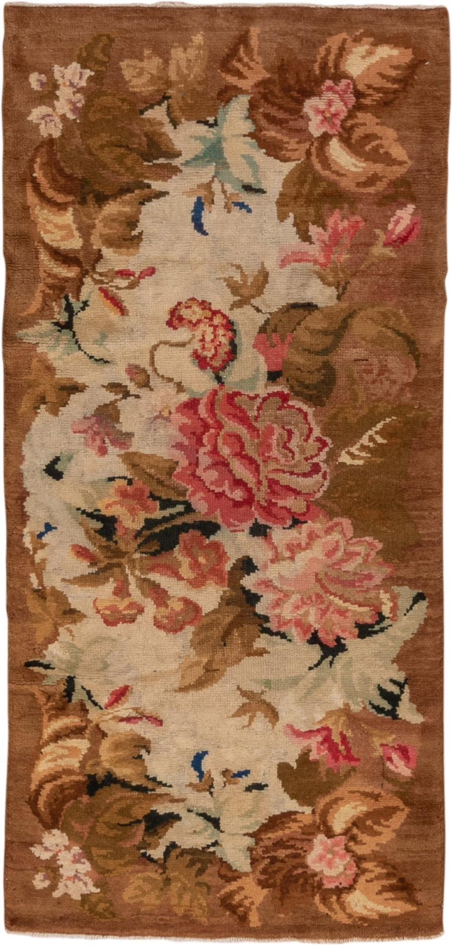 3' x 6' one-of-a-kind handmade antique Axminister runner rug. Color palette: brown, ivory, camel, rose, taupe, olive