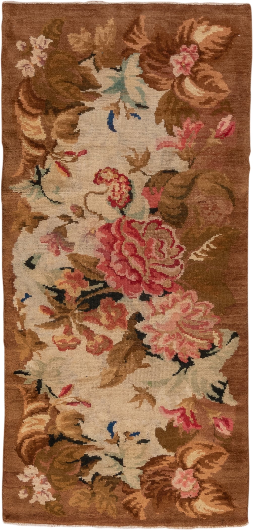 3' x 6' one-of-a-kind handmade antique Axminister runner rug. Color palette: brown, ivory, camel, rose, taupe, olive