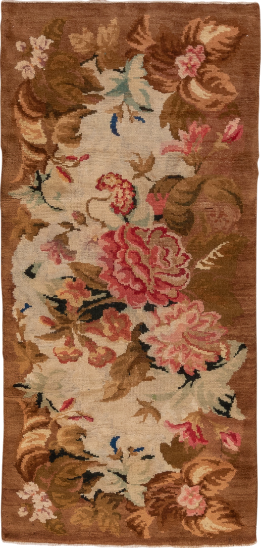 3' x 6' one-of-a-kind handmade vintage Axminister runner rug. Color palette: brown, gray, pink, red