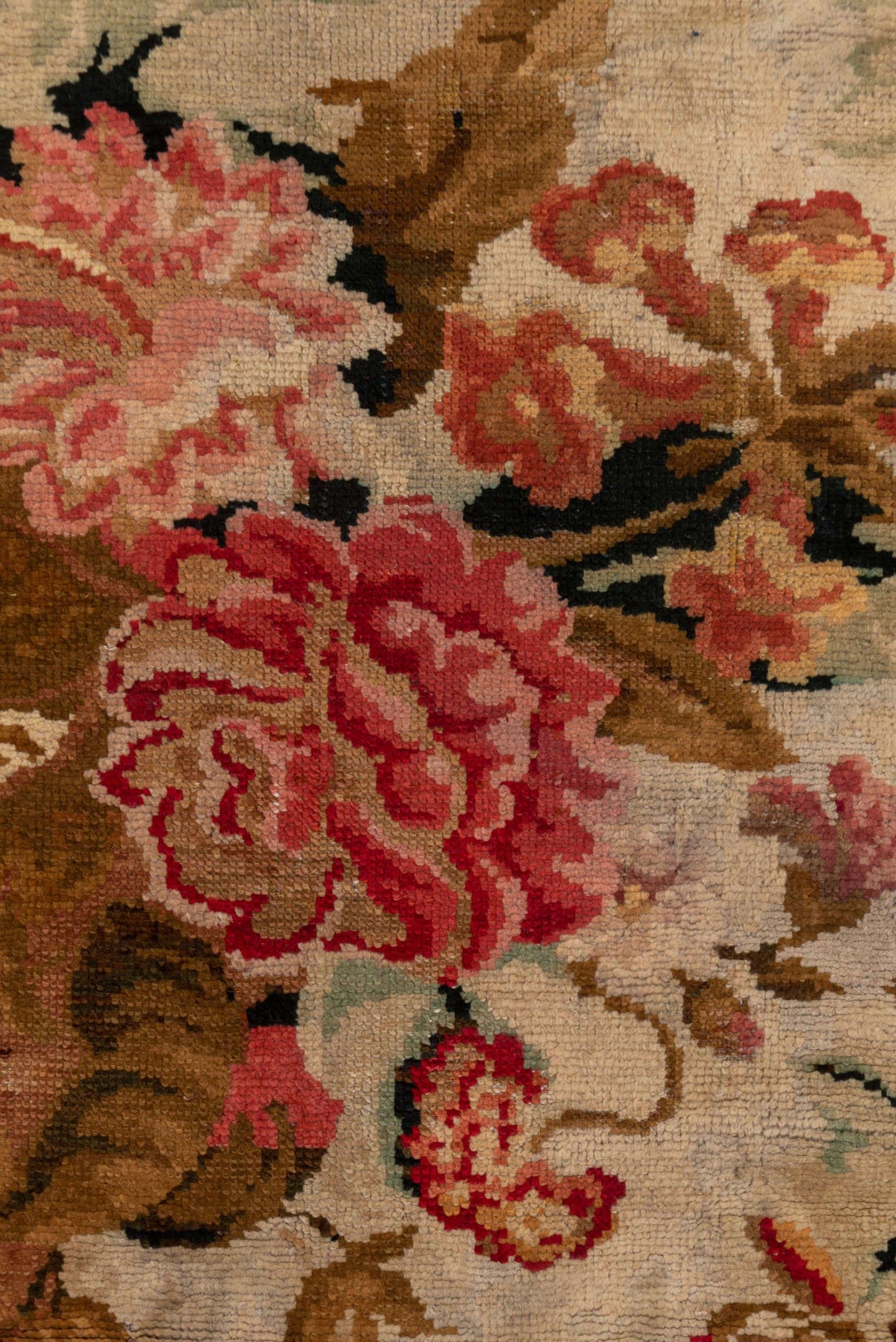 3' x 6' one-of-a-kind handmade antique Axminister runner rug. Color palette: brown, ivory, camel, rose, taupe, olive