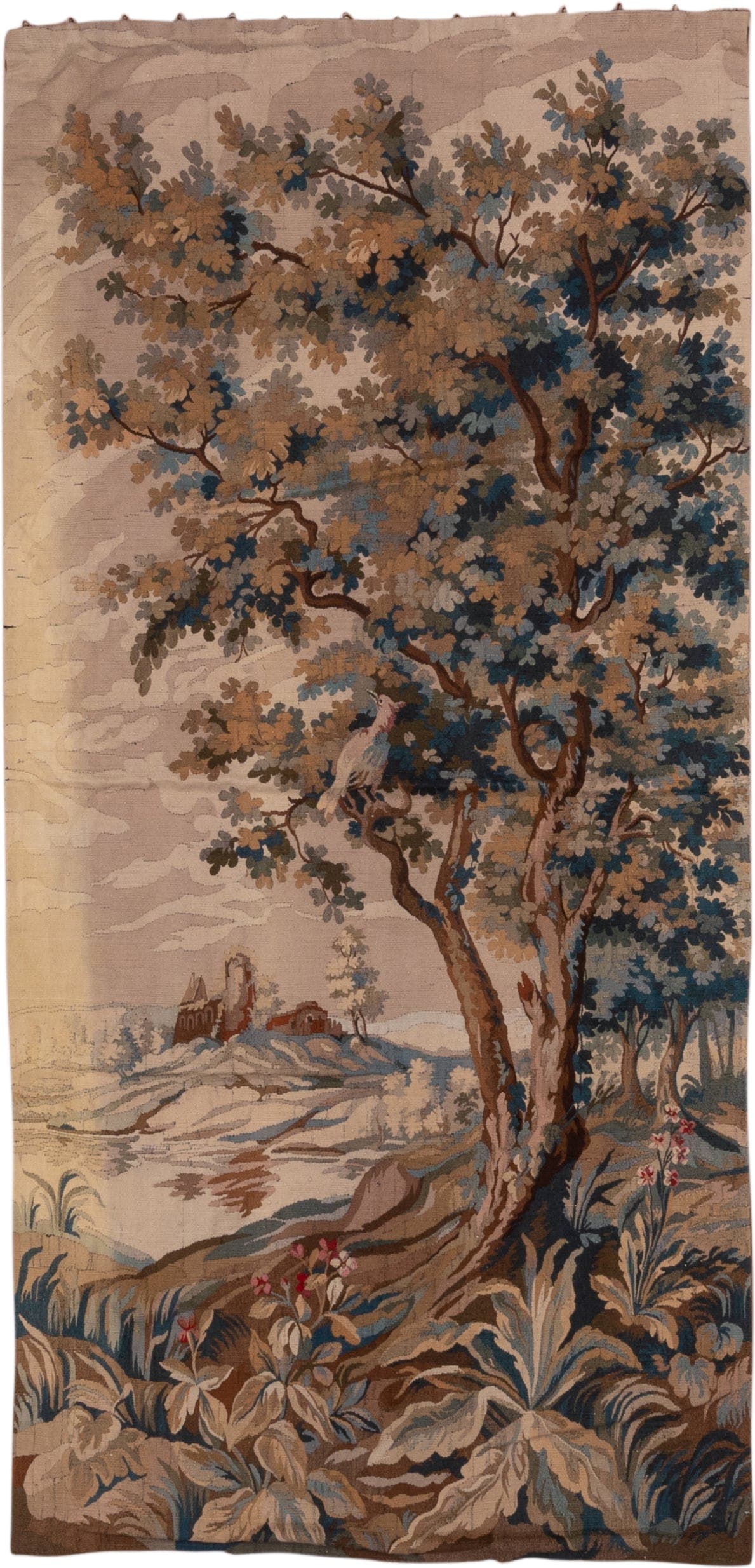 4' x 9' one-of-a-kind handmade antique Tapestry runner rug. Color palette: taupe, ivory, slate_blue, brown, camel, charcoal