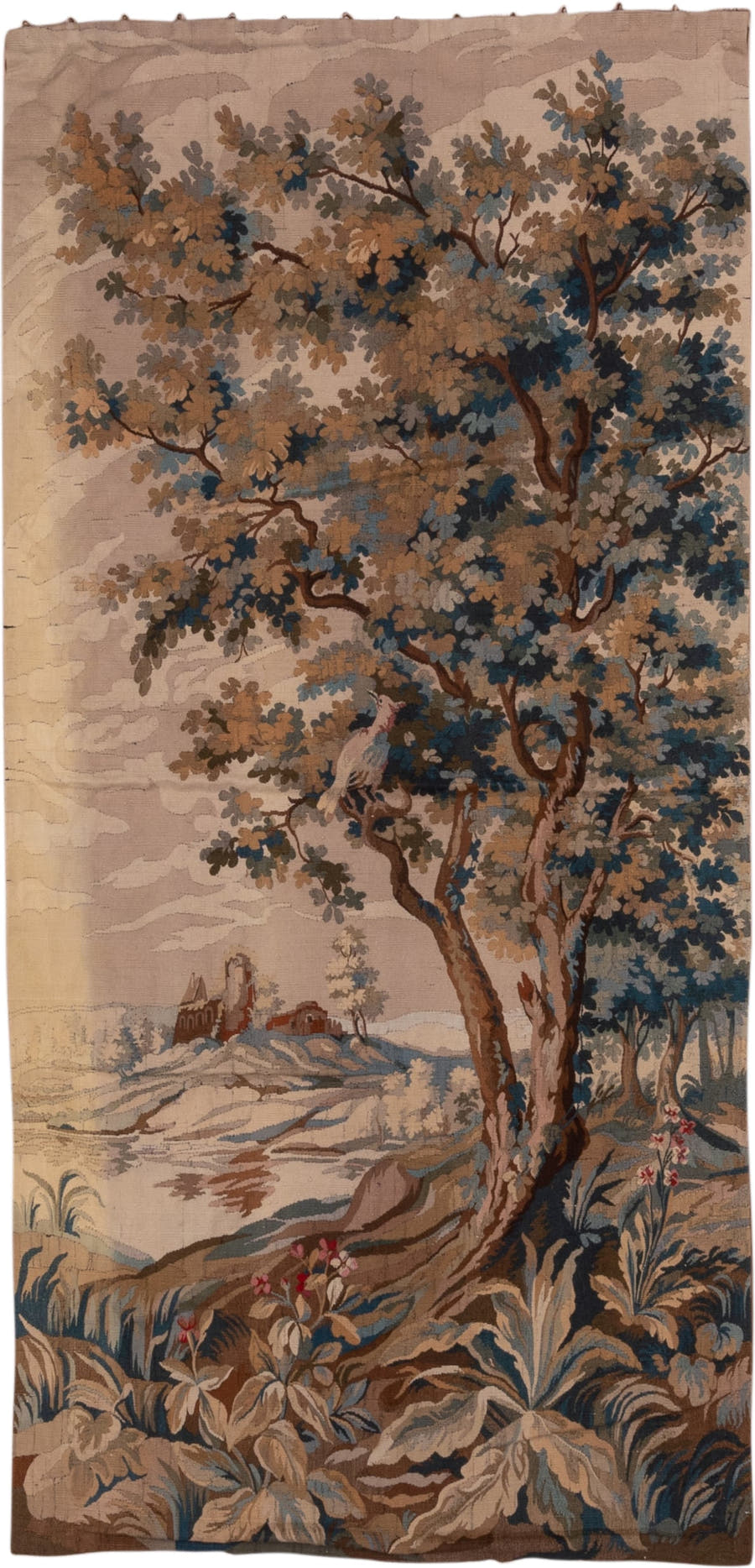 4' x 9' one-of-a-kind handmade antique Tapestry runner rug. Color palette: taupe, ivory, slate_blue, brown, camel, charcoal