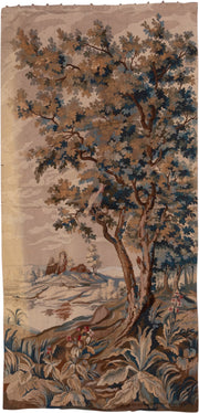 4' x 9' one-of-a-kind handmade antique Tapestry runner rug. Color palette: taupe, ivory, slate_blue, brown, camel, charcoal