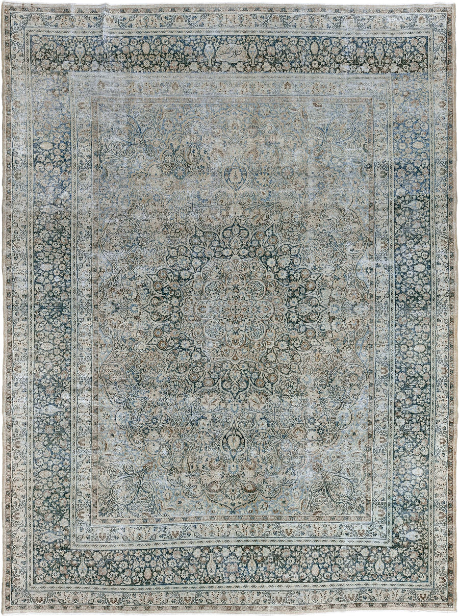 8' x 11' one-of-a-kind handmade antique Meshed large size rug. Color palette: ivory, pale blue, navy, beige, taupe, slate