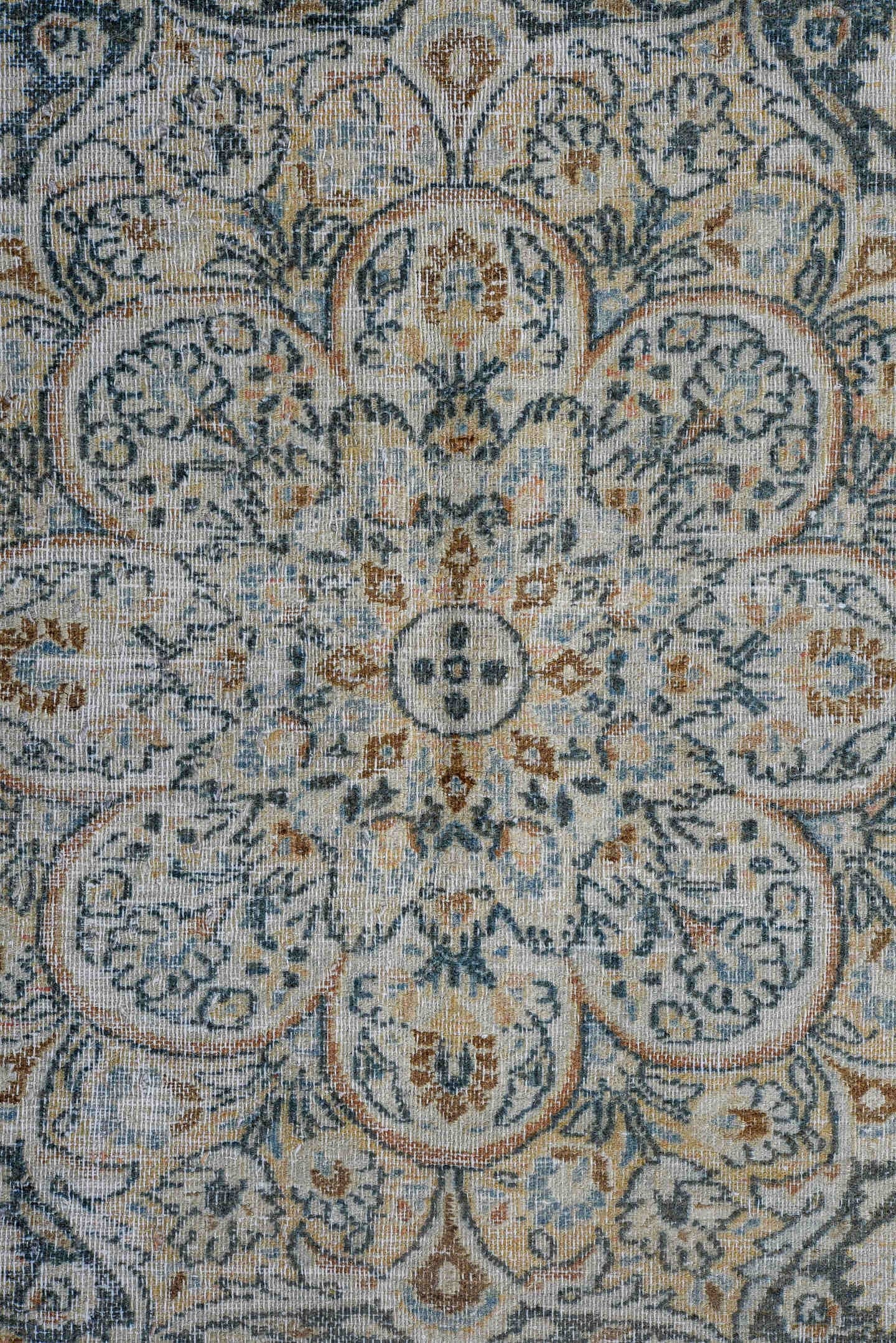 8' x 11' one-of-a-kind handmade antique Meshed large size rug. Color palette: ivory, pale blue, navy, beige, taupe, slate