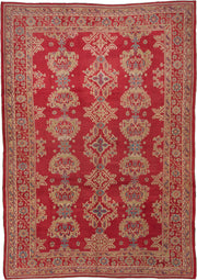 10' x 14' one-of-a-kind handmade antique Oushak large size rug. Color palette: red, ivory, blue, rose, coral, tan, pink
