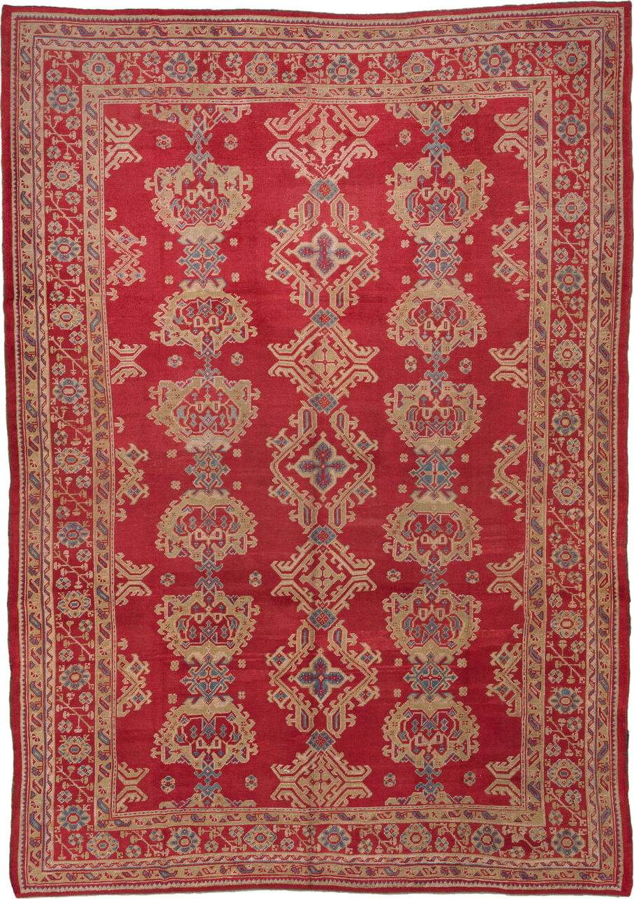 10' x 14' one-of-a-kind handmade antique Oushak large size rug. Color palette: red, ivory, blue, rose, coral, tan, pink
