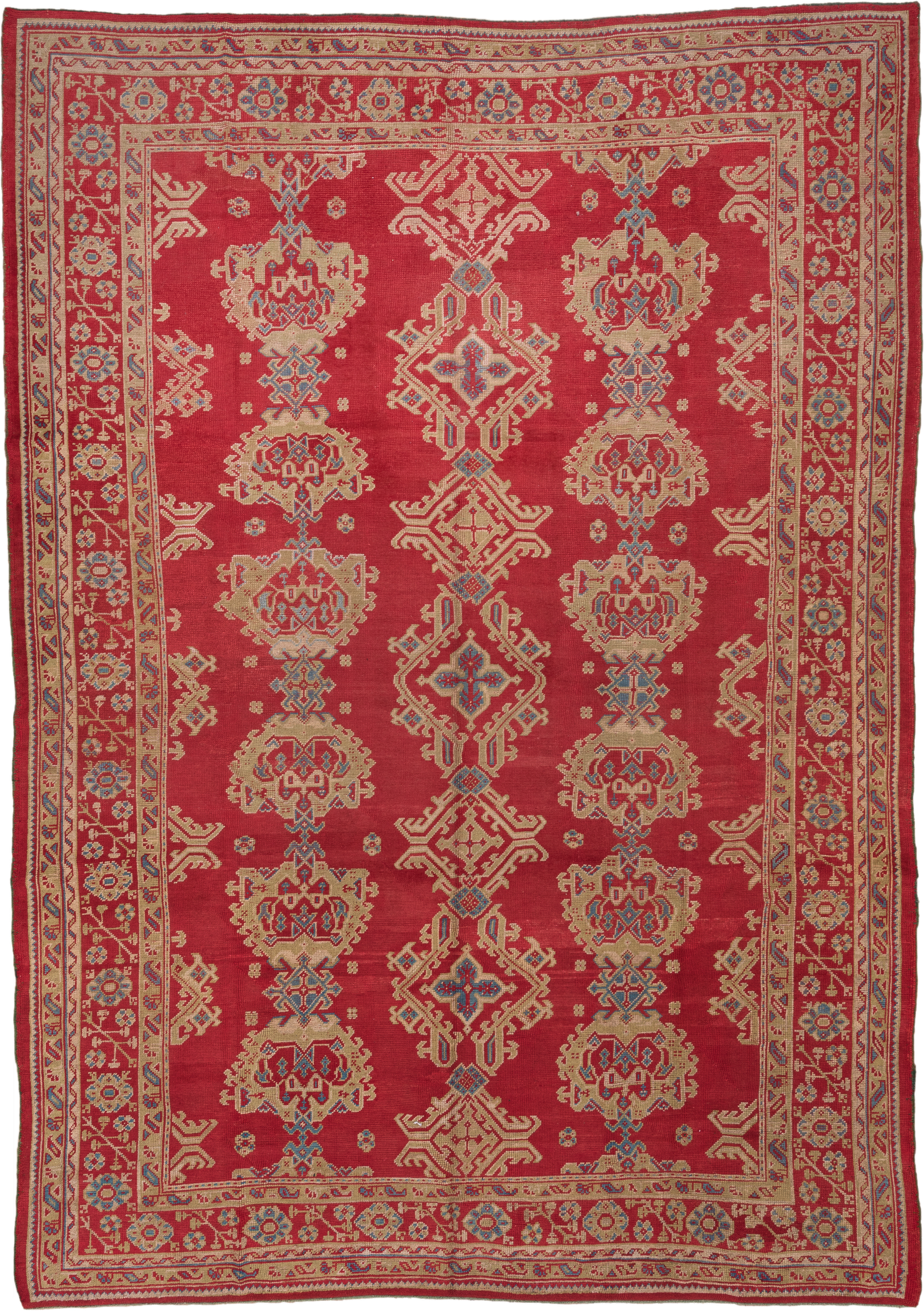10' x 14' one-of-a-kind handmade antique Oushak large size rug. Color palette: red, ivory, blue, rose, coral, tan, pink