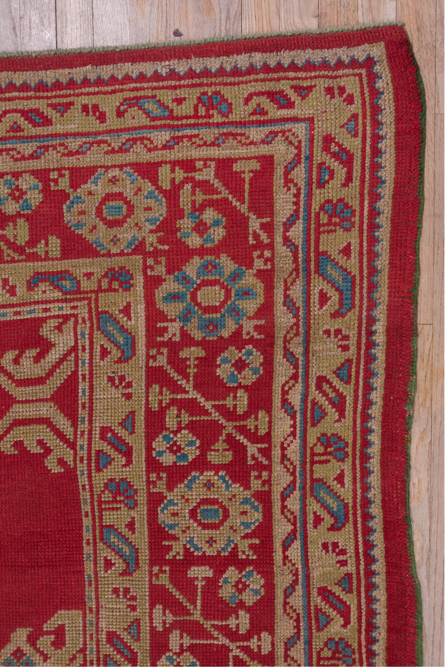 10' x 14' one-of-a-kind handmade antique Oushak large size rug. Color palette: red, ivory, blue, rose, coral, tan, pink
