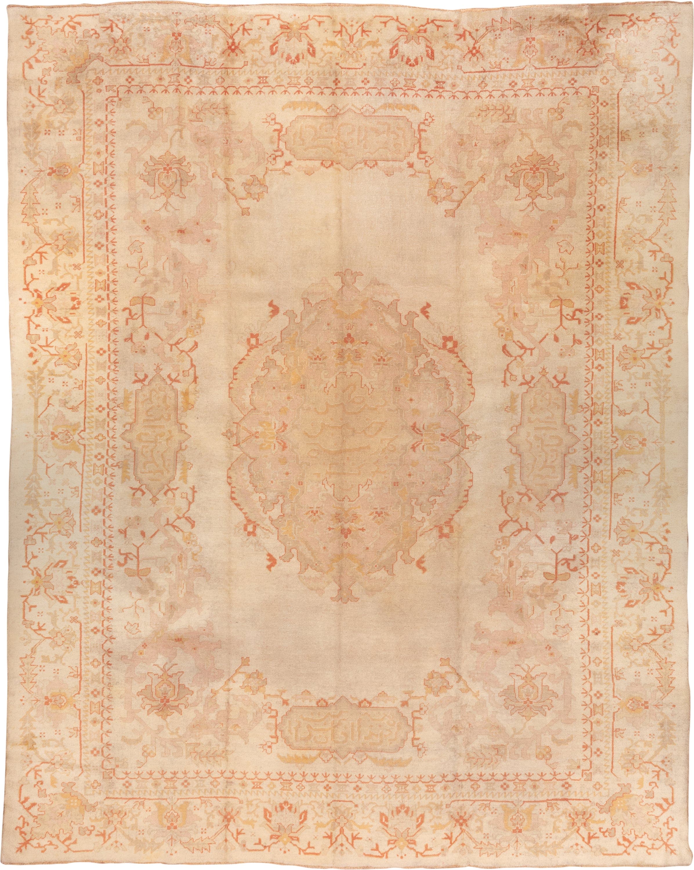 11' x 14' one-of-a-kind handmade antique Oushak oversize rug. Color palette: ivory, beige, blush, peach, taupe, sand