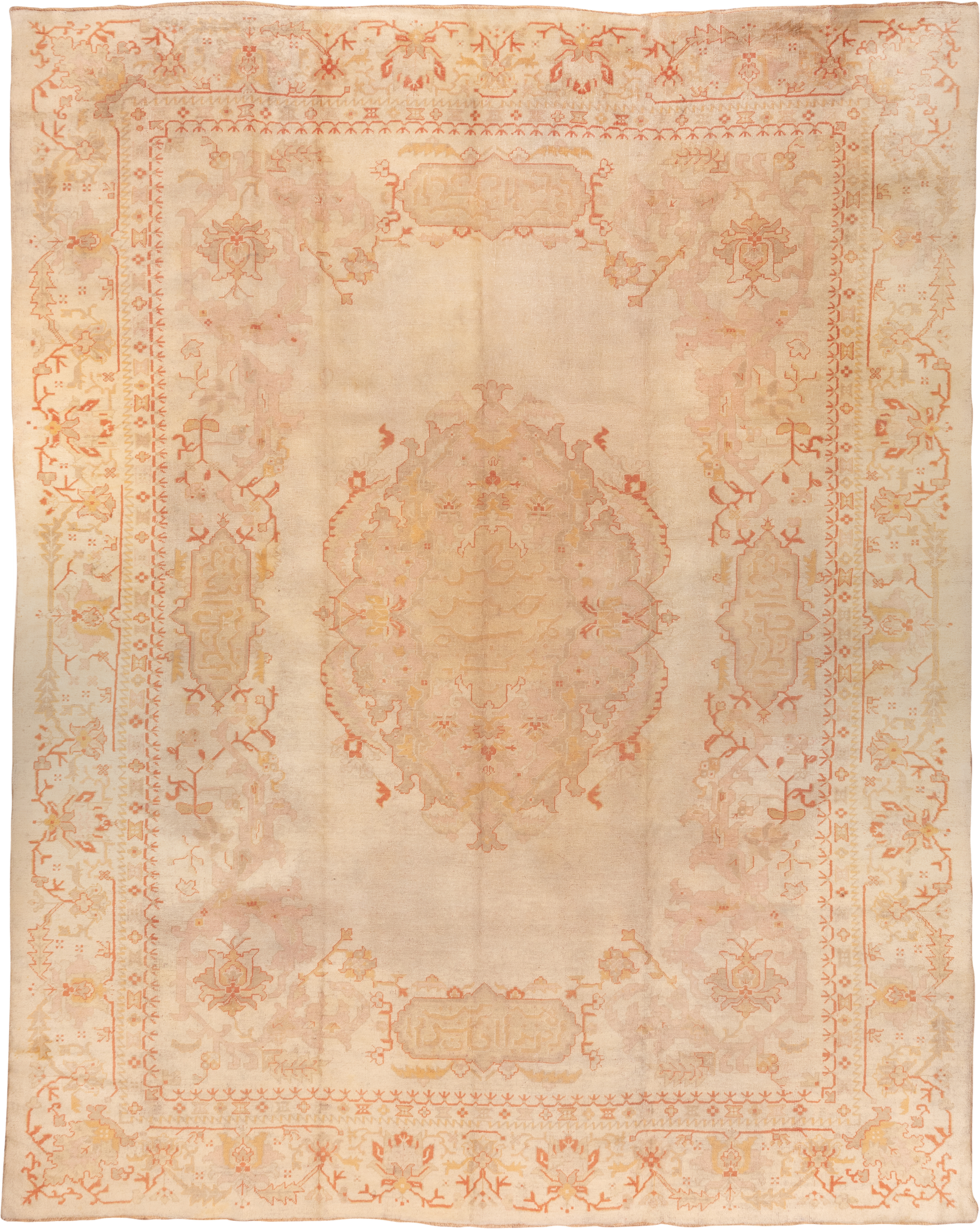 11' x 14' one-of-a-kind handmade antique Oushak oversize rug. Color palette: ivory, beige, blush, peach, taupe, sand