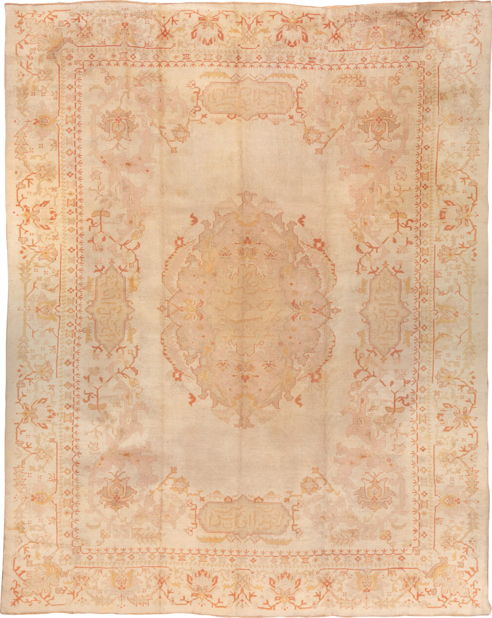 11' x 14' one-of-a-kind handmade vintage Oushak oversize rug. Color palette: bisque, brown, burlywood, off-white, orange