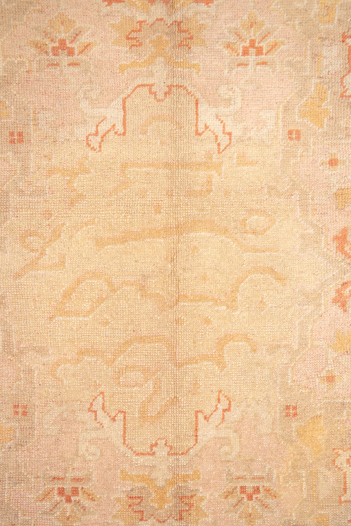 11' x 14' one-of-a-kind handmade antique Oushak oversize rug. Color palette: ivory, beige, blush, peach, taupe, sand
