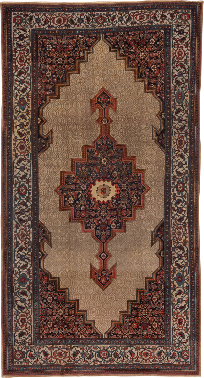 6' x 13' one-of-a-kind handmade vintage Cam Hamadan large size rug. Color palette: ivory, navy, rust, camel, crimson, slate