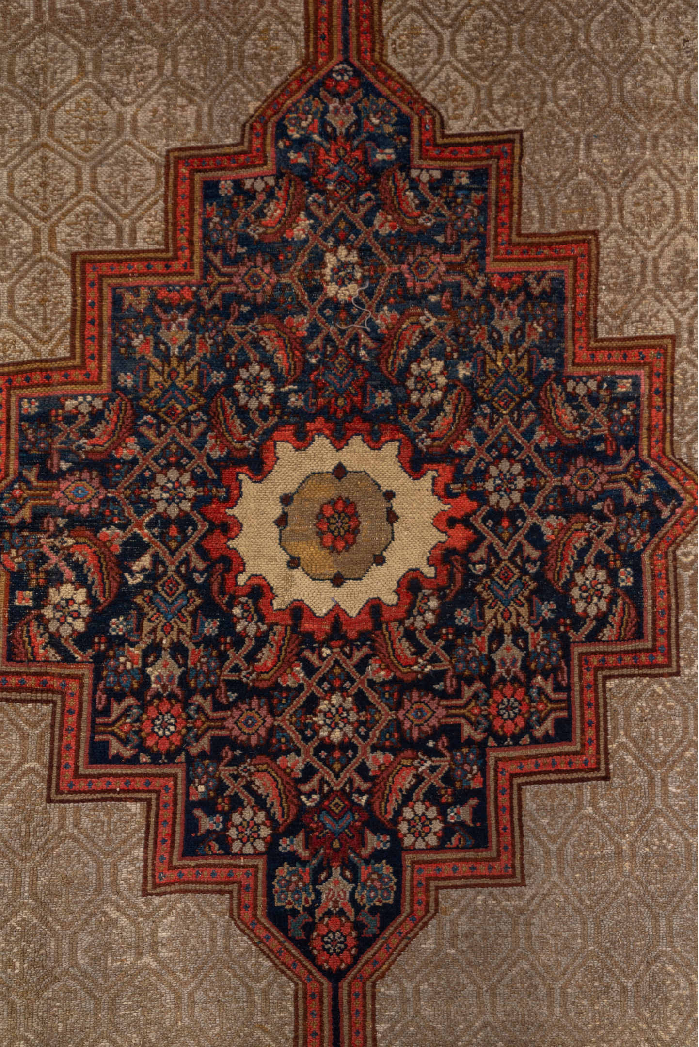 6' x 13' one-of-a-kind handmade vintage Cam Hamadan large size rug. Color palette: ivory, navy, rust, camel, crimson, slate