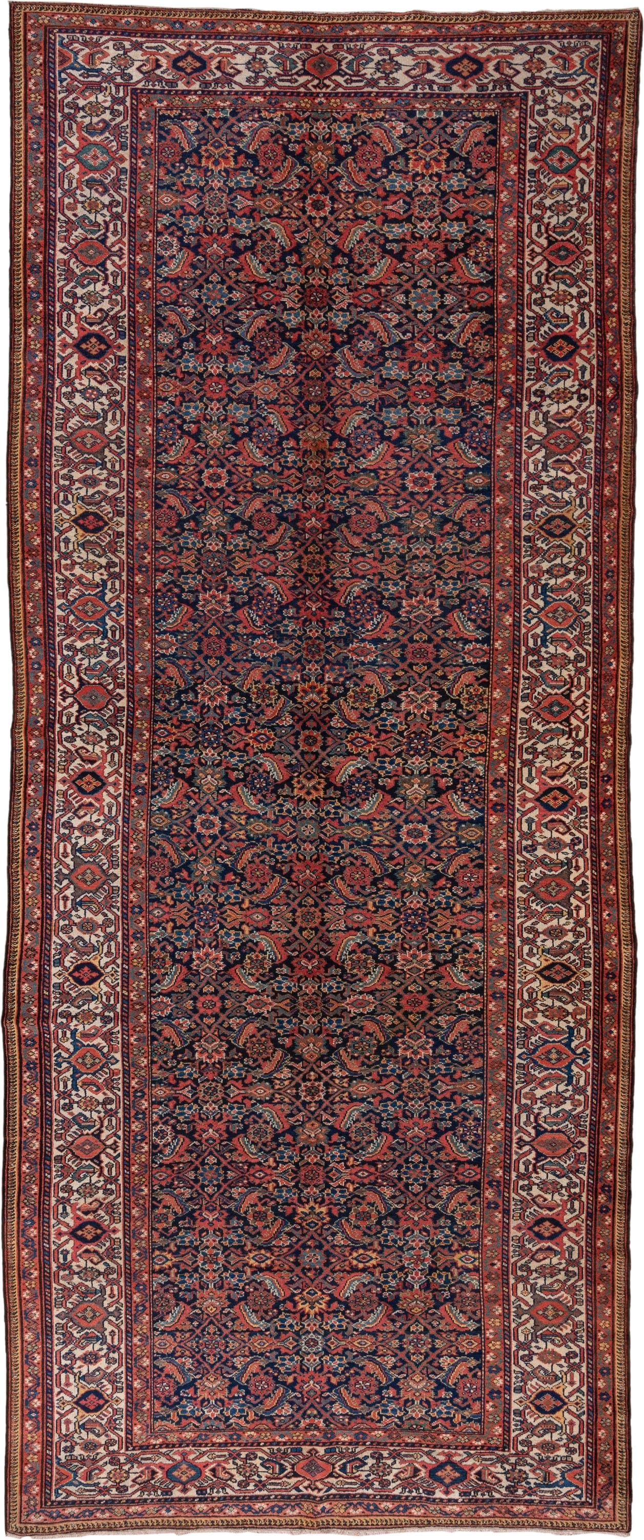 7' x 17' one-of-a-kind handmade antique Mahal rug. Color palette: navy, rust, ivory, coral, indigo, camel, burgundy, blue