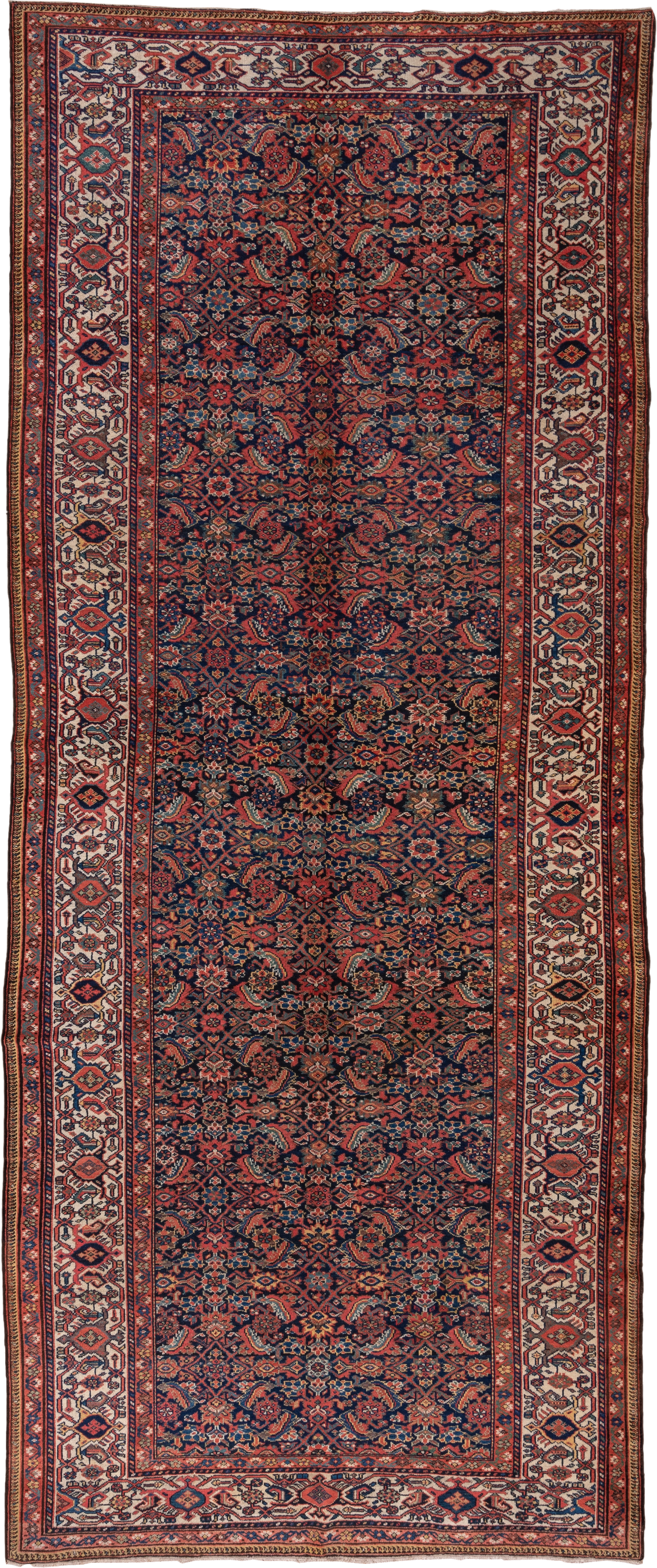 7' x 17' one-of-a-kind handmade antique Mahal rug. Color palette: navy, rust, ivory, coral, indigo, camel, burgundy, blue