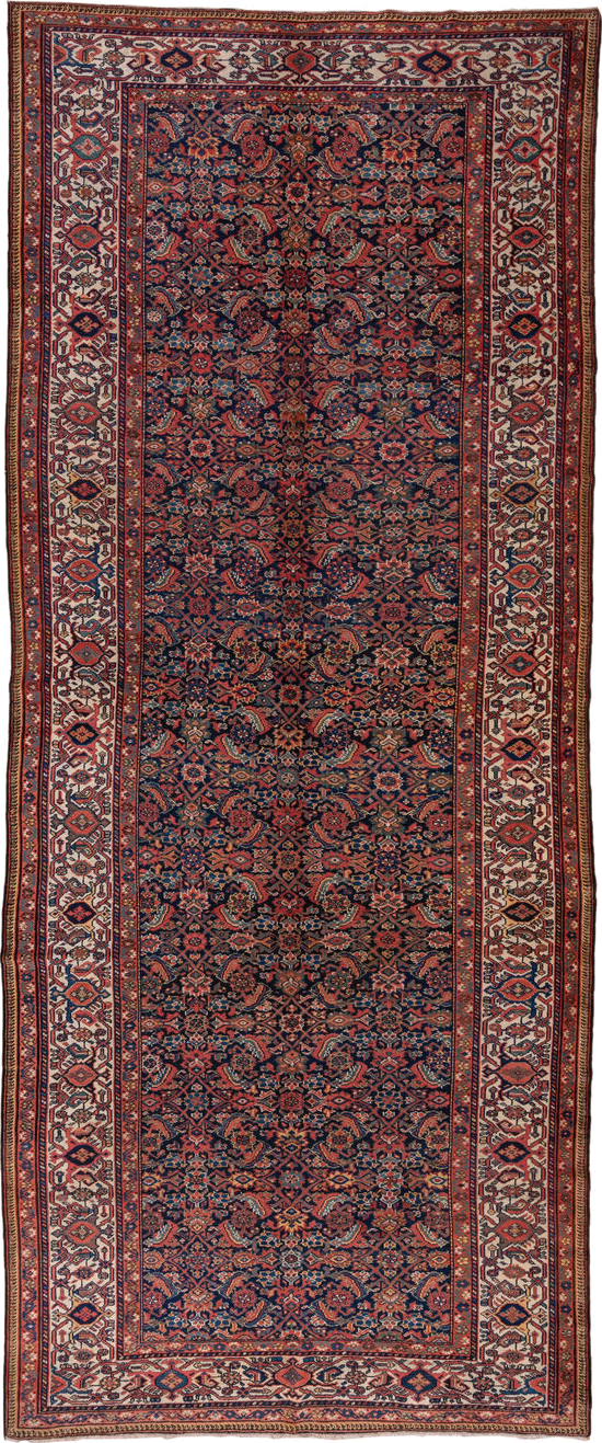 7' x 17' one-of-a-kind handmade vintage Mahal rug. Color palette: black, blue, brown, gray, light gray, pink, red