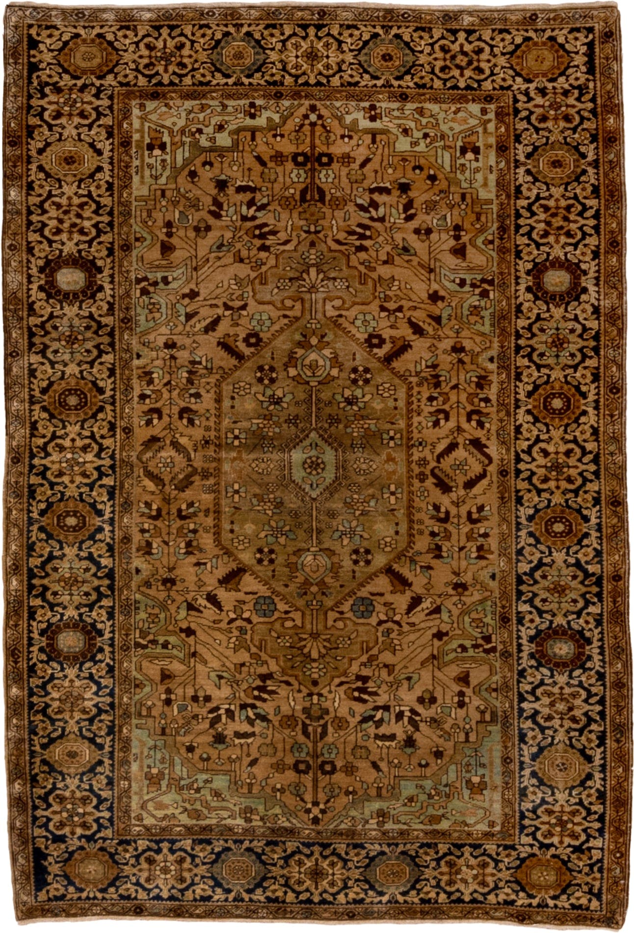 4' x 6' one-of-a-kind handmade antique Far.Sarouk small size rug. Color palette: camel, navy, ivory, taupe, walnut, sage