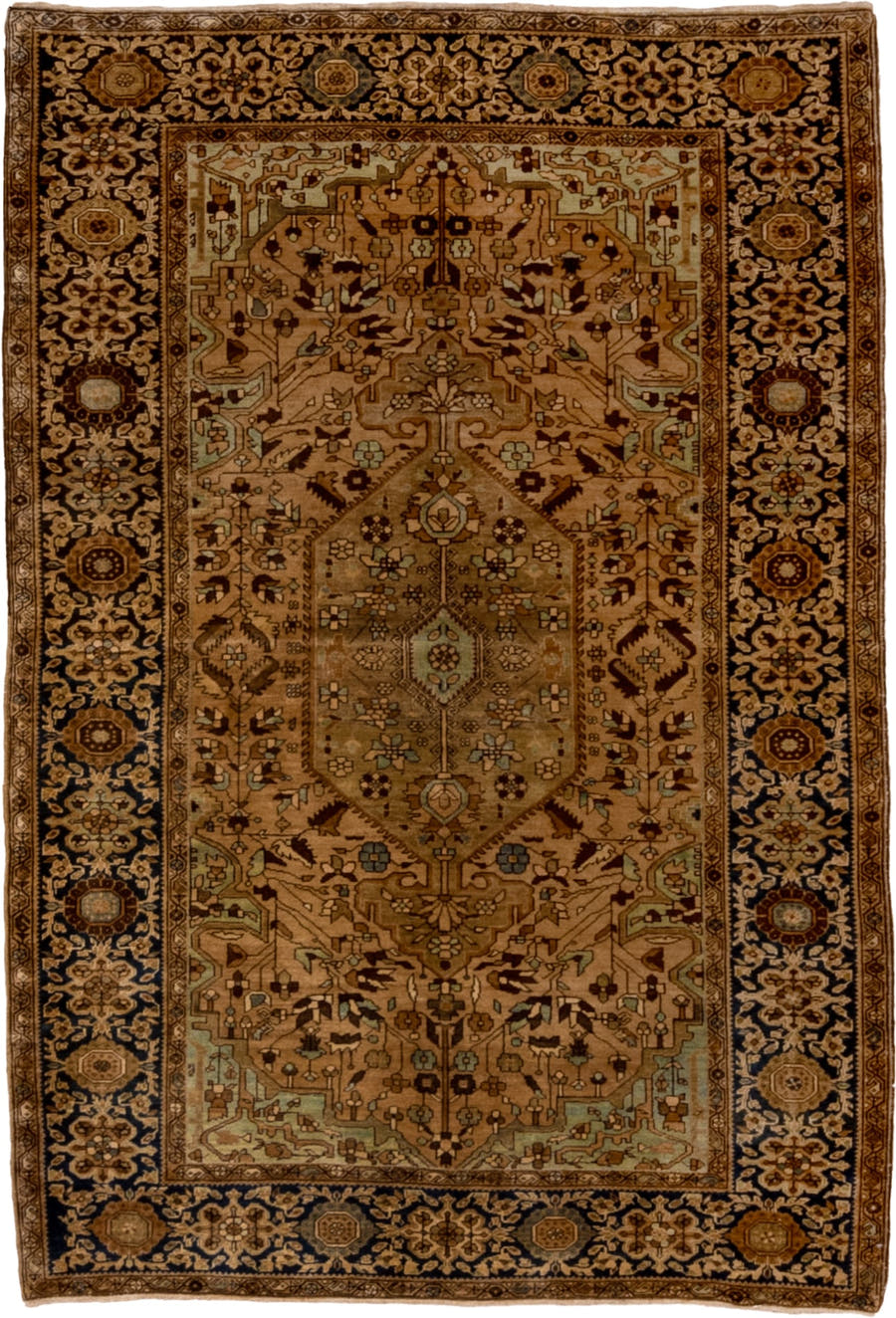 4' x 6' one-of-a-kind handmade antique Far.Sarouk small size rug. Color palette: camel, navy, ivory, taupe, walnut, sage