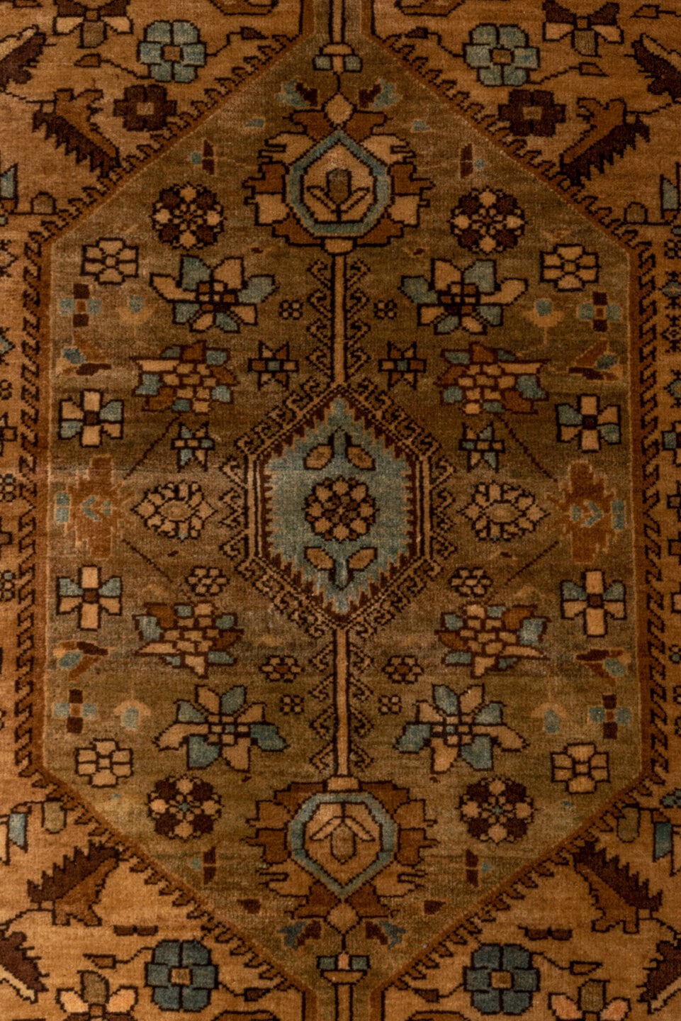 4' x 6' one-of-a-kind handmade antique Far.Sarouk small size rug. Color palette: camel, navy, ivory, taupe, walnut, sage
