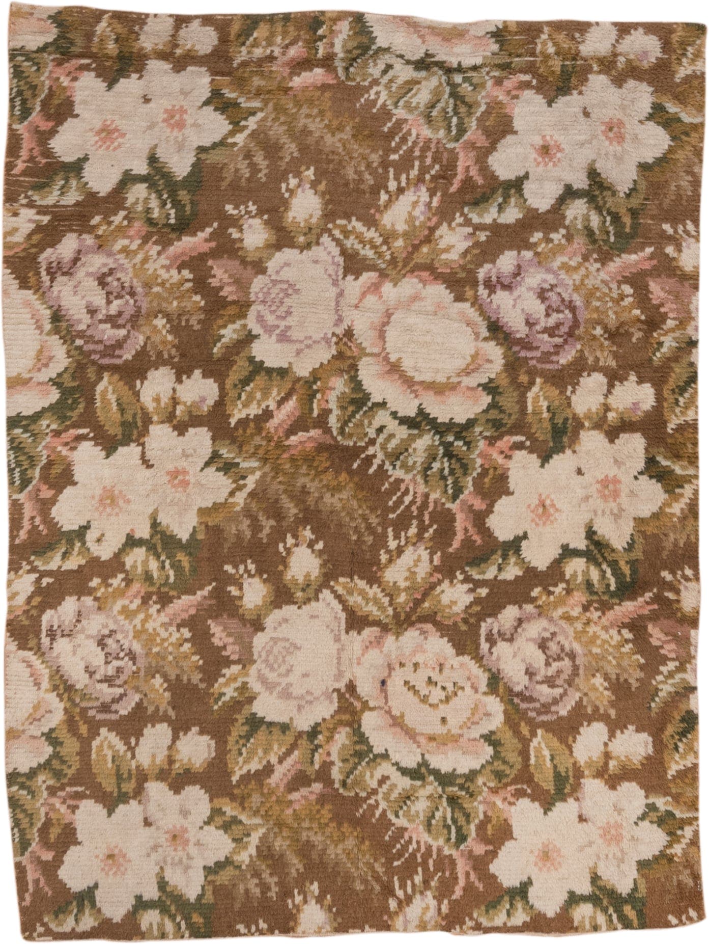 5' x 6' one-of-a-kind handmade vintage Rya-Swedish rug. Color palette: brown, ivory, blush, sage, taupe, rose, olive