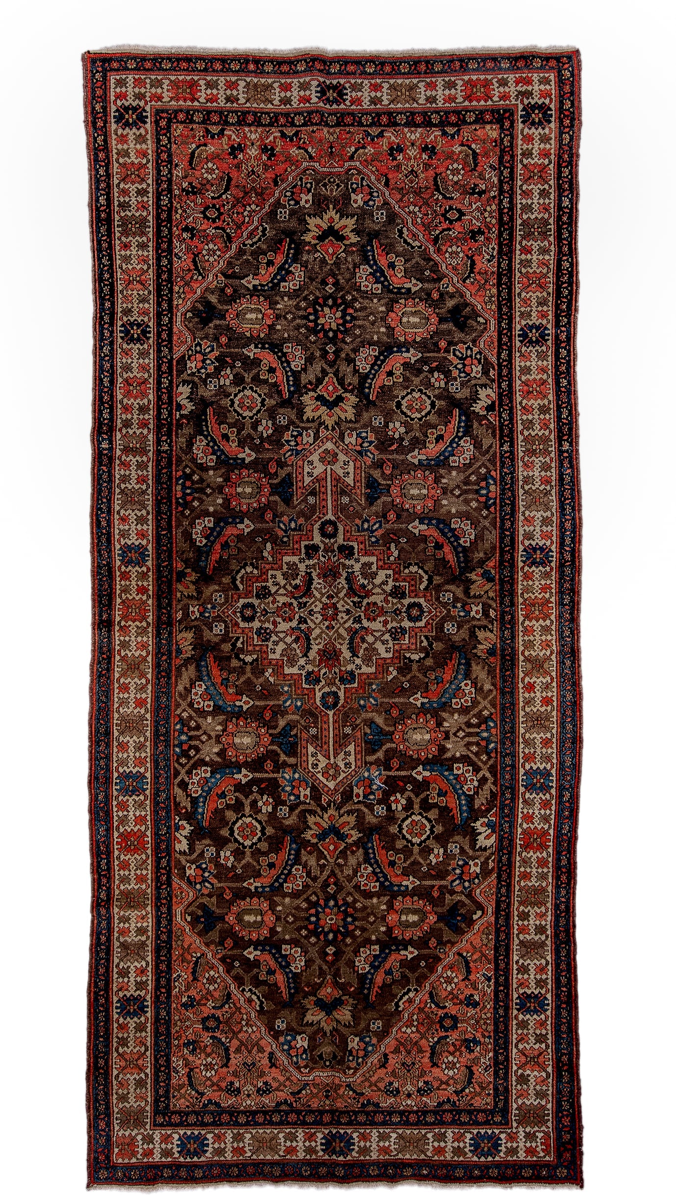 5' x 11' one-of-a-kind handmade vintage Malayer rug. Color palette: brown, ivory, rust, indigo, blue, coral, taupe