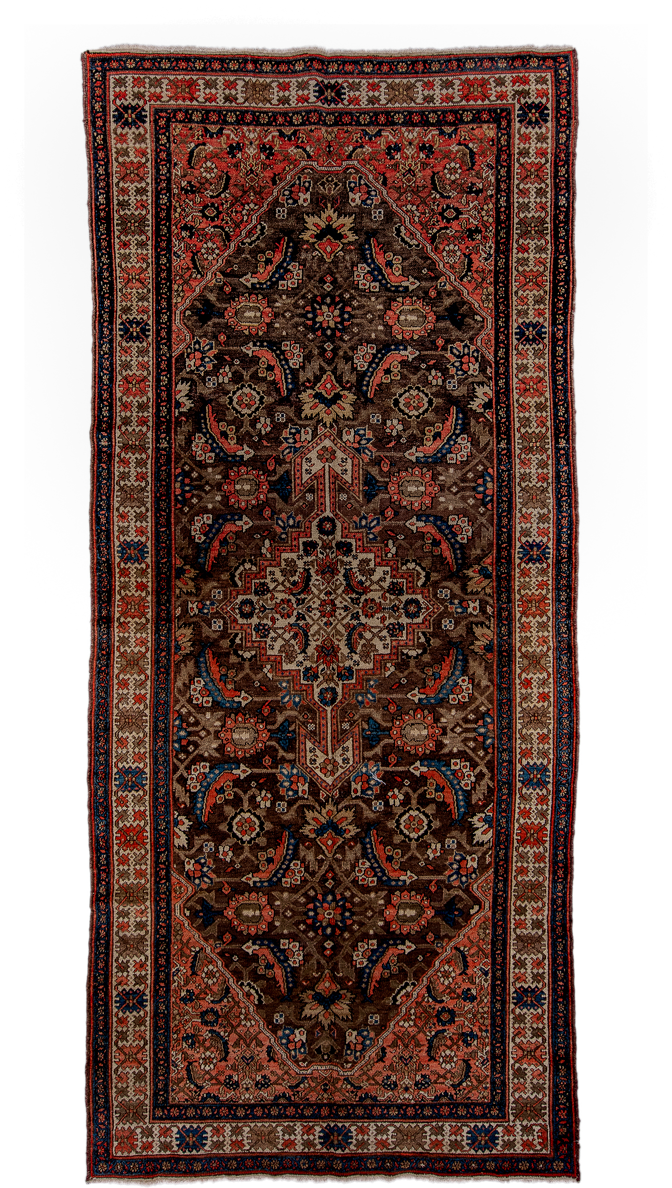 5' x 11' one-of-a-kind handmade vintage Malayer rug. Color palette: brown, ivory, rust, indigo, blue, coral, taupe